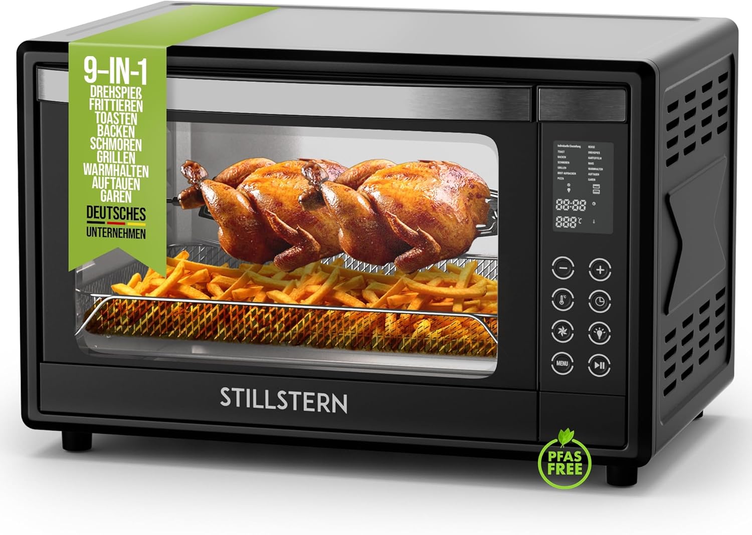 Stillstern Minibackofen mit Umluft (35L) DE Version, Pizza Ø28cm, NEU: CYCLONE PRO+ (Antihaftbeschichtung), 13 Programme, Auftauen&Warmhalten, 8h Timer, Rezeptheft, Mini Backofen Pizzaofen Grill