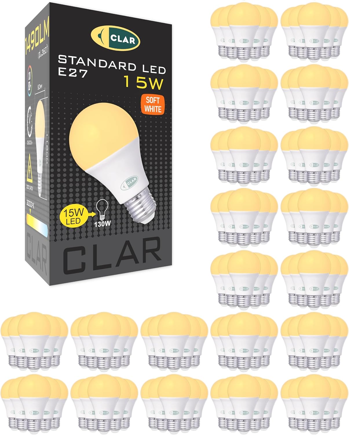 CLAR - E27 LED Warmweiss, LED Glühbirne E27, LED E27 Warmweiss, Glühbirne E27, LED Birne E27, Leuchtmittel E27, LED Glühbirne, Glühbirne LED, LED E27 100W-120W, 15W (Pack 100)