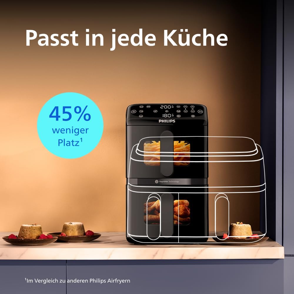 Airfryer 4000 Series Stacked Dual Basket, Gestapelte Heißluftfritteuse mit 2 Körben, 10L, RapidAir Technologie, 45% weniger Platzbedarf, PFAS-freie Keramikbeschichtung, Sichtfenster (NA460/00)