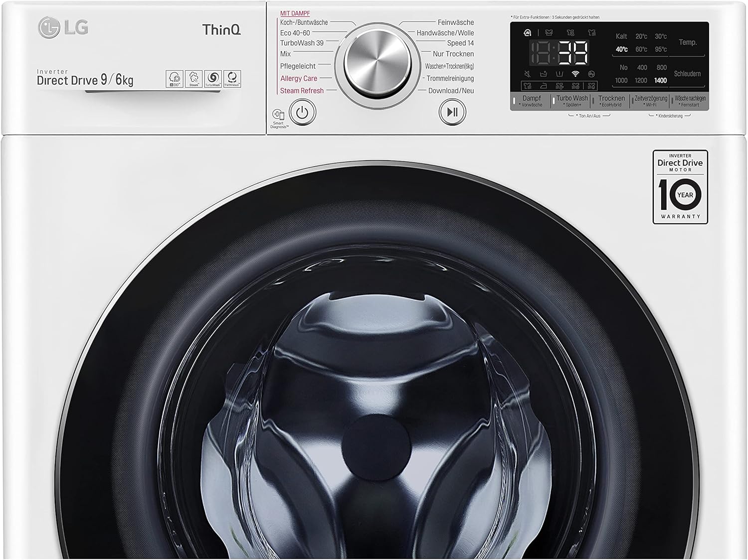 LG W4WR7096YB, Klasse D, Frontlader-Waschtrockner 9 - 6 kg, 62 x 60 x 85 cm, Wi-Fi, AI Direct Drive, Tiefenreinigung mit Dampf, TurboWash 360, Große Kapazität, Außentür aus gehärtetem Glas, Weiß