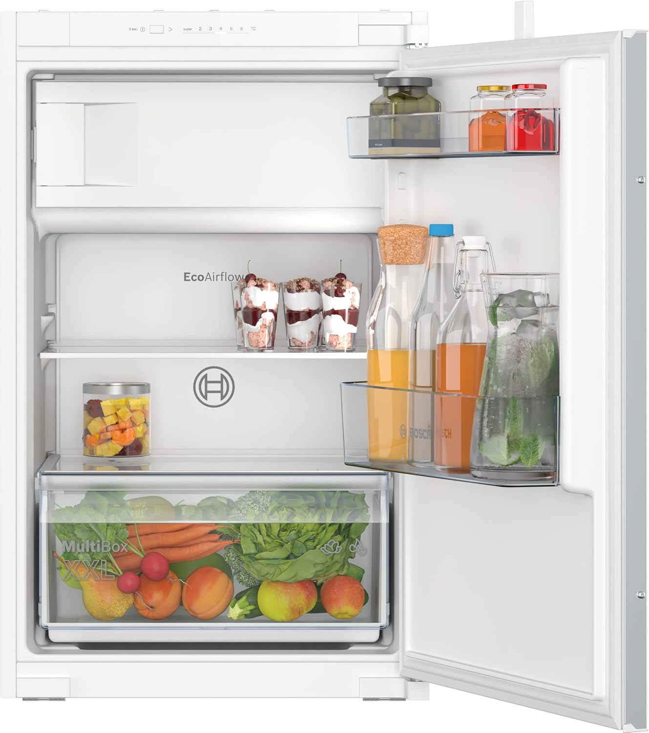 KIL22NSE0 Einbau-Kühlschrank Serie 2, integrierbarer Kühlautomat mit Gefrierfach 88x56 cm, 104L Kühlen, 15L Gefrieren, MultiBox XXL, LED-Beleuchtung, EcoAirflow, SuperCooling,Weiß