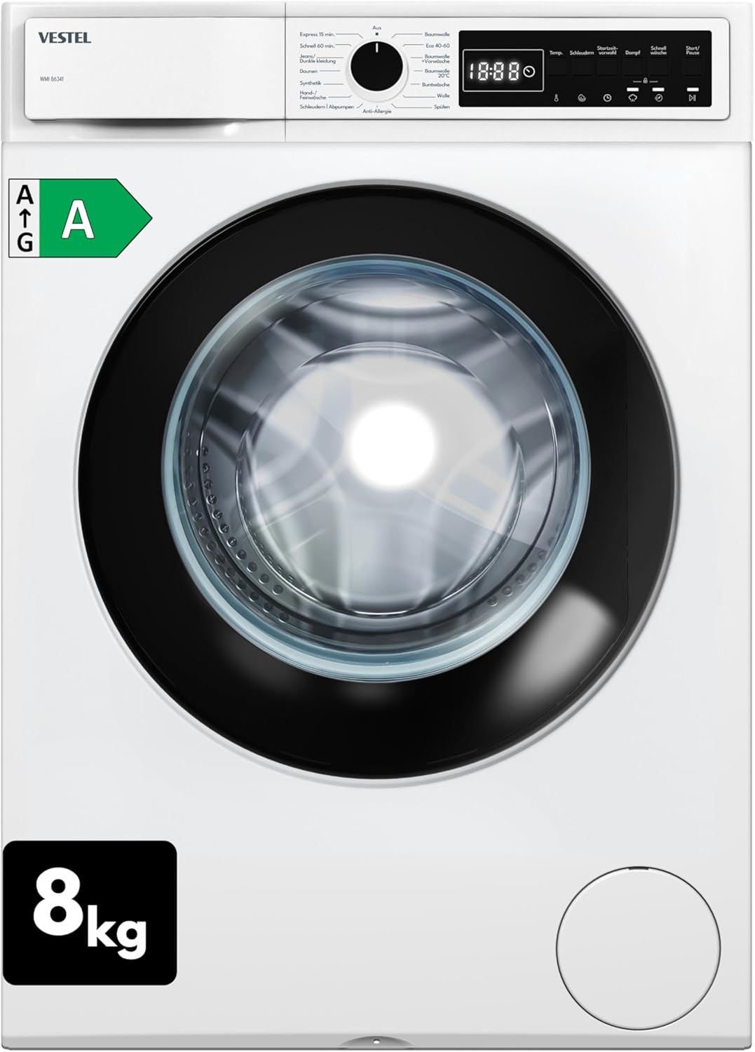 VESTEL WMI 86341 Waschmaschine 8 kg Frontlader – 1400 U/min, Energieeffizienzklasse A, Inverter-Motor, Dampffunktion, AquaStop, leise, freistehend, weiß