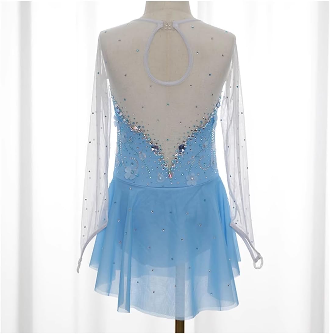 purpleq Damen Langarm Eiskunstlauf Kleid Blau Lange Ärmel Handgefertigter Eislauf Performance Rock Strass Ballerina Kleid Latein Tanzkleid Wettbewerb Tanzkostüm
