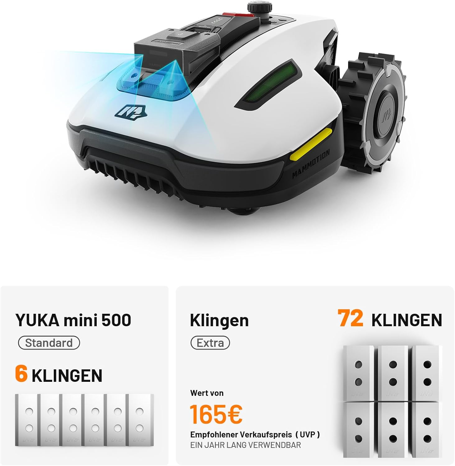 MAMMOTION YUKA Mini 700 Mähroboter ohne Begrenzungskabel, NetRTK+Vision, Keine RTK-Antenne erforderlich, Auto-Kartierung, Empf. 700m², Max. 1100m², mit 4G-Modul, 50% Steigung