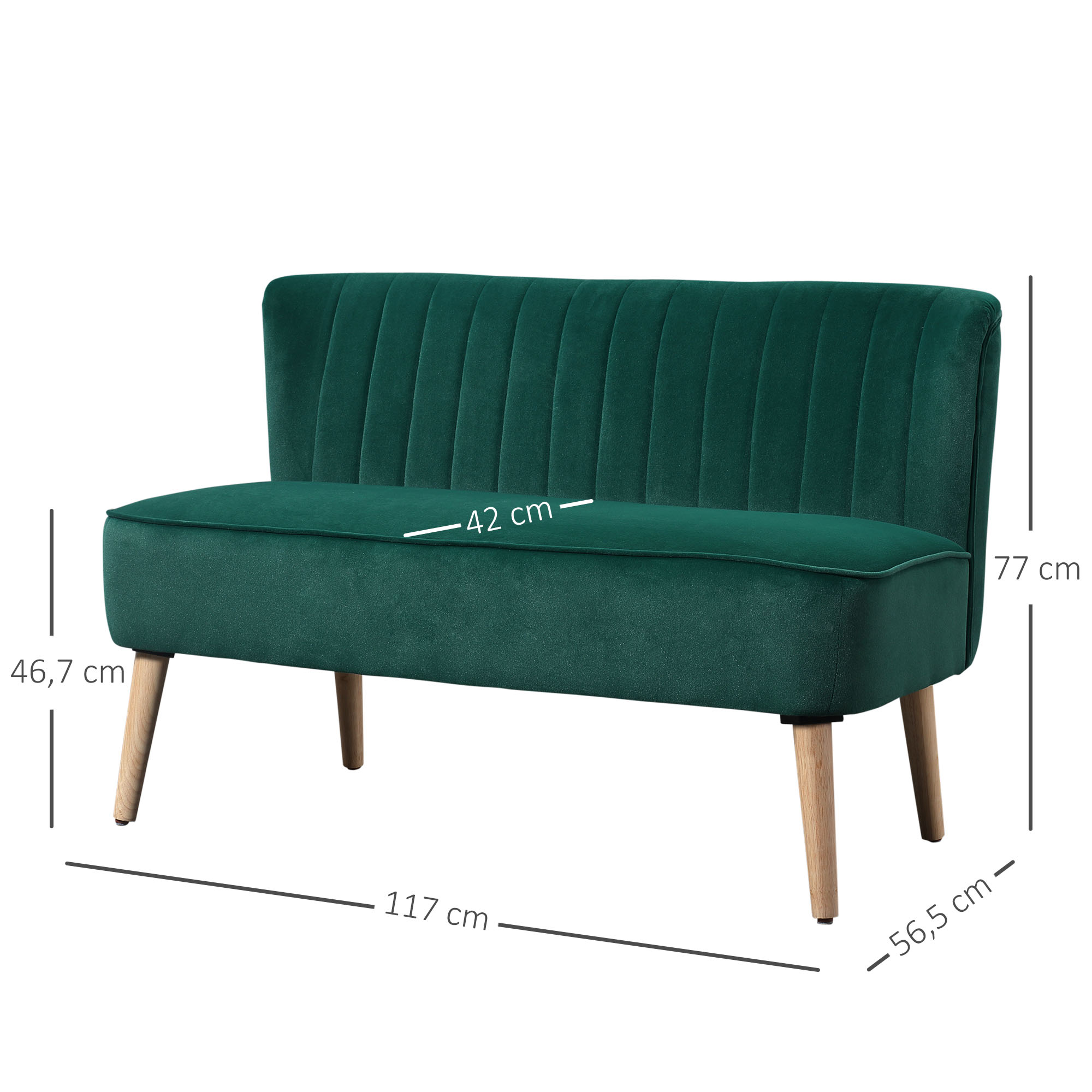 Sofa Retrodesign 2-zitsbank, houten poten, 117 cm x 56,5 cm x 77 cm, Donkergroen