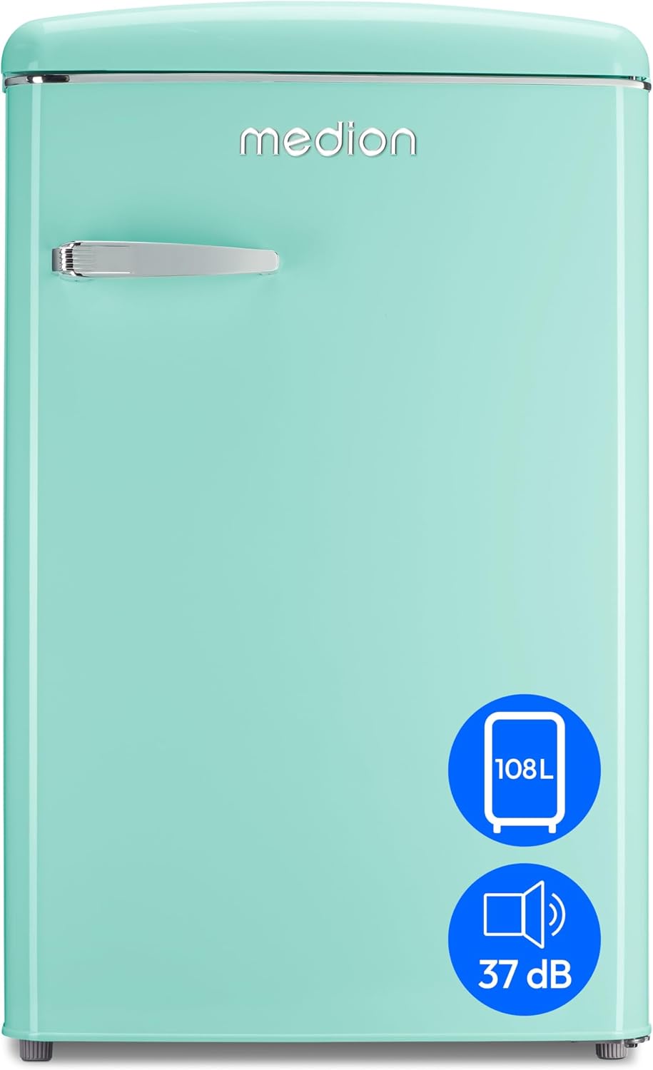 MEDION Retro Kühl-Gefrierkombination (95L Kühlschrank, 13L 4 Sterne Gefrierfach, 108 Liter Nutzinhalt, LED Innenbeleuchtung, Stufenlose Temperaturregelung, MD 37790) grün