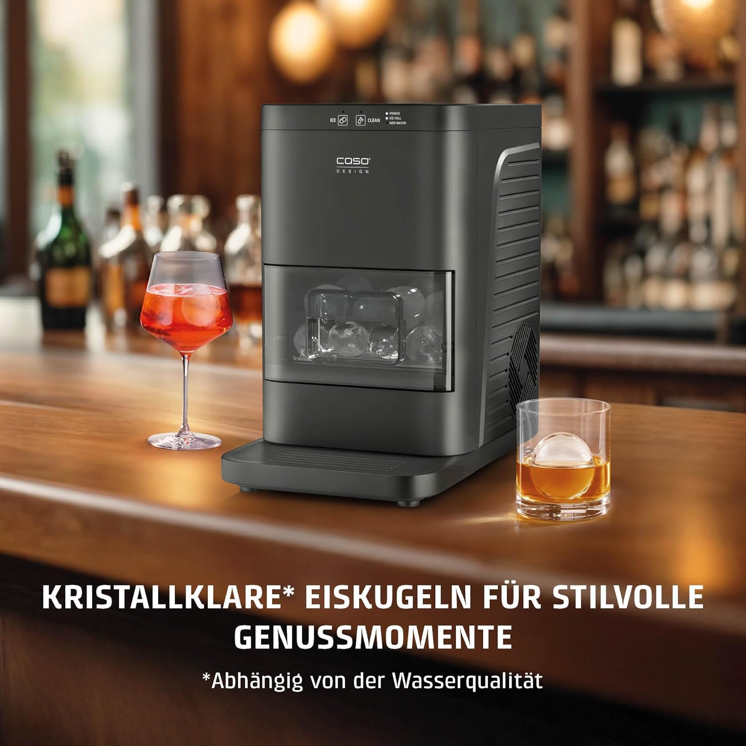 CASO IceBall Pro Eiskugelbereiter mit Kompressor - Kristallklare Eiskugeln 50-55 mm, 2 Kugeln/Stunde, 1,3 l Wassertank, Selbstreinigung, LED-Anzeige, mattschwarz