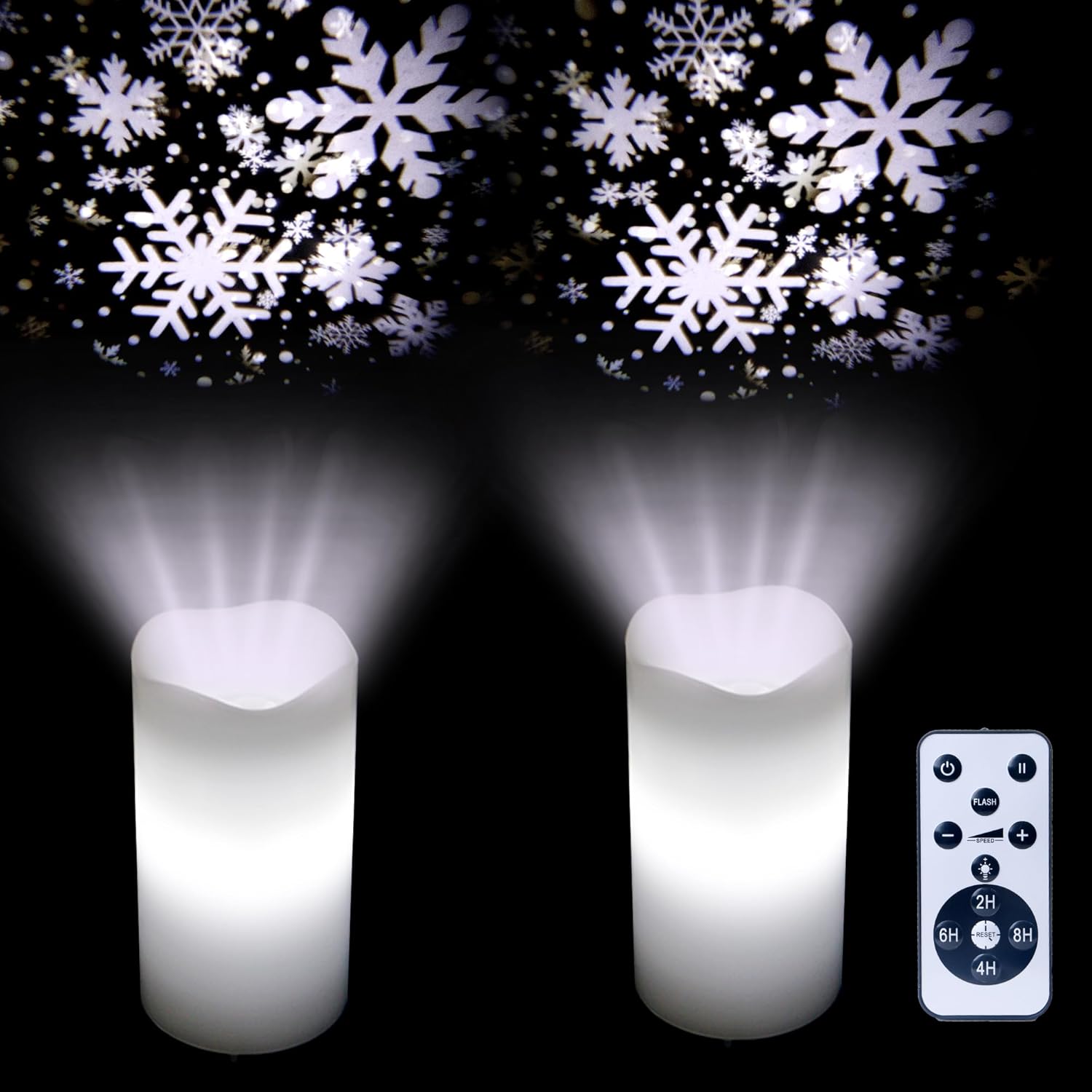 Flammenlose Kerzen, Schneeflocken-Projektor-Lichter, batteriebetrieben, Nachtlicht mit Fernbedienung und Timer, LED-Kerze, Heimdekoration, 2 Stück