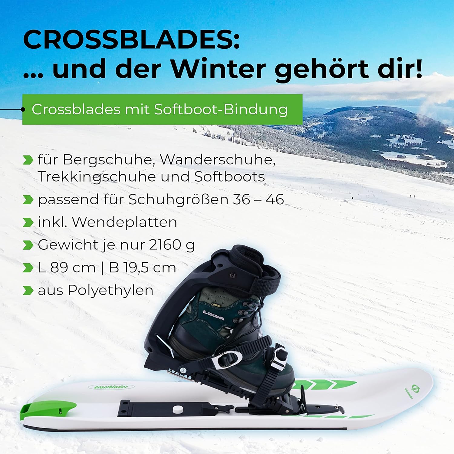 Softboot Schneeschuhe Weiß 36-46 I 3in1 Schneeschuh zum Steigen, Fahren, Gleiten I Weltneuheit-Schneeschuhe zum Skifahren mit Wanderschuh