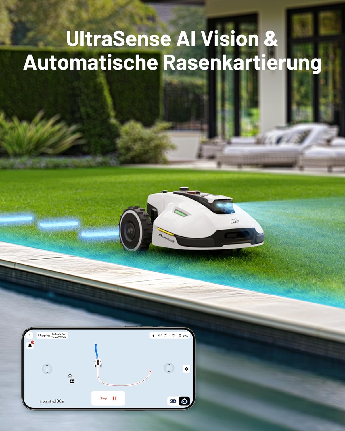 MAMMOTION YUKA Mini 700 Mähroboter ohne Begrenzungskabel, NetRTK+Vision, Keine RTK-Antenne erforderlich, Auto-Kartierung, Empf. 700m², Max. 1100m², mit 4G-Modul, 50% Steigung