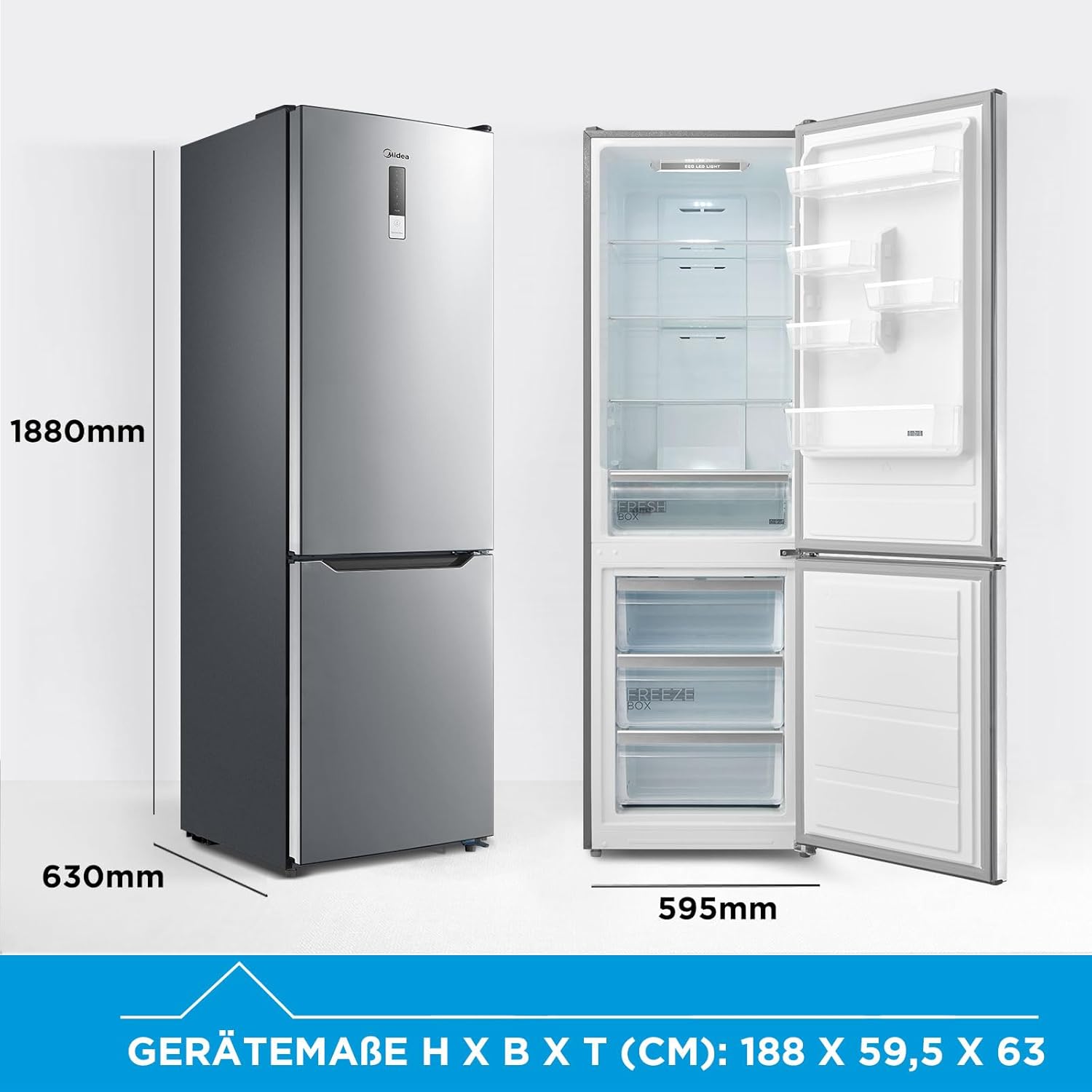 Midea MERB276FGE02A Fridge/Freezer Combination, 180 cm Height, NoFrost, Double Control, Super Cooling Function, 219 kWh per Year, Fridge Capacity 199 L, 71 L Freezer Capacity