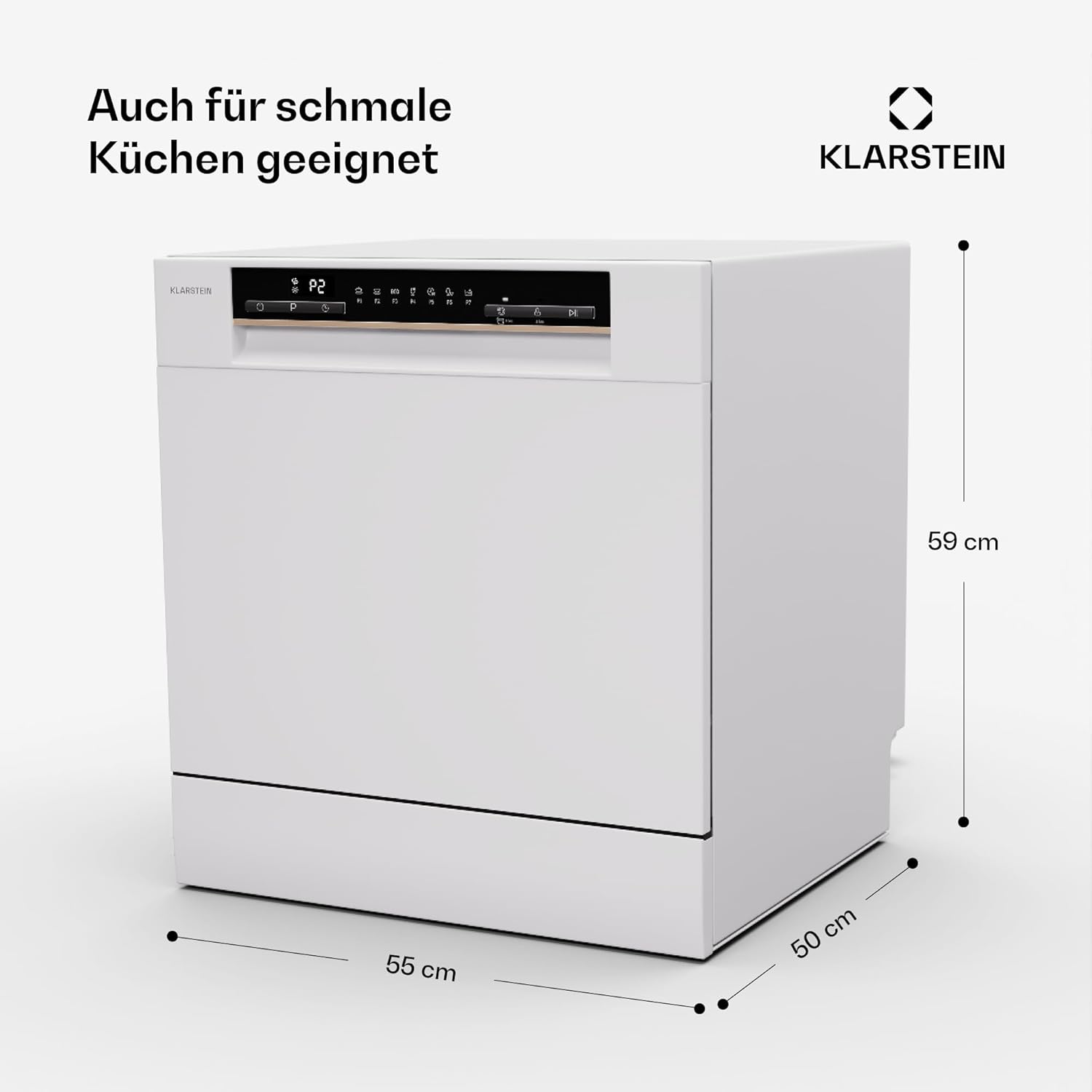 Klarstein  ia 8 - Spülmaschine, Geschirrspüler, Freistehend, Teilintegriert, F, 55 cm breit, 8 Maßgedecke, 6 Programme, Aquastop, silber