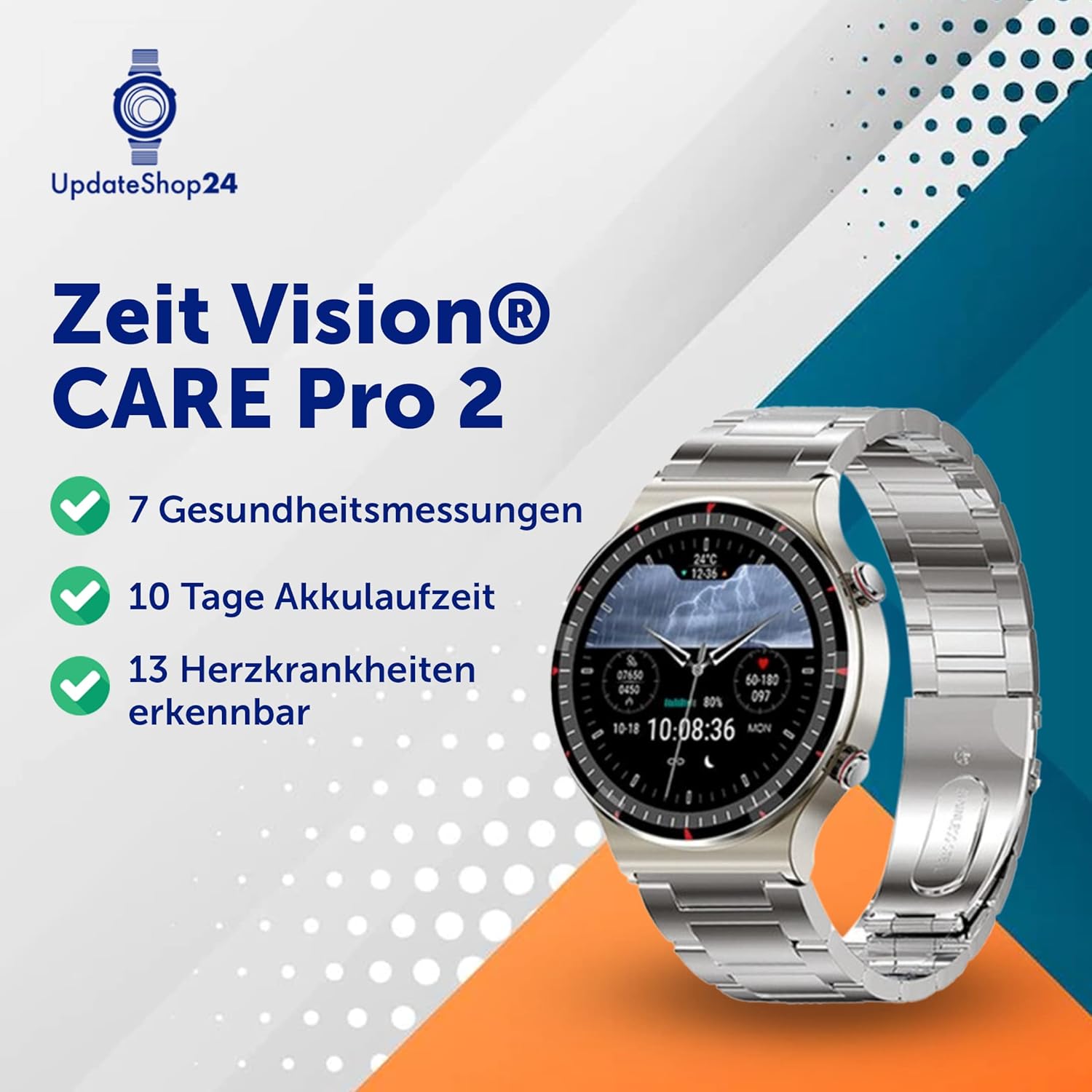 Care Pro 2 Gesundheitsuhr IP68 wasserdicht für Android und iOS Smartwatch mit Blutdruckmessung Blutsauerstoffmessung EKG Pulsmesser Vorhofflimmern Schrittzähler GPS (Silber)