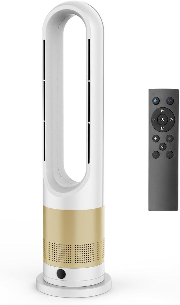 Oscillating Bladeless Tower Fan with Heating & Cooling, 9-Hour Timer, 8 Adjustable Speeds - Gold & White