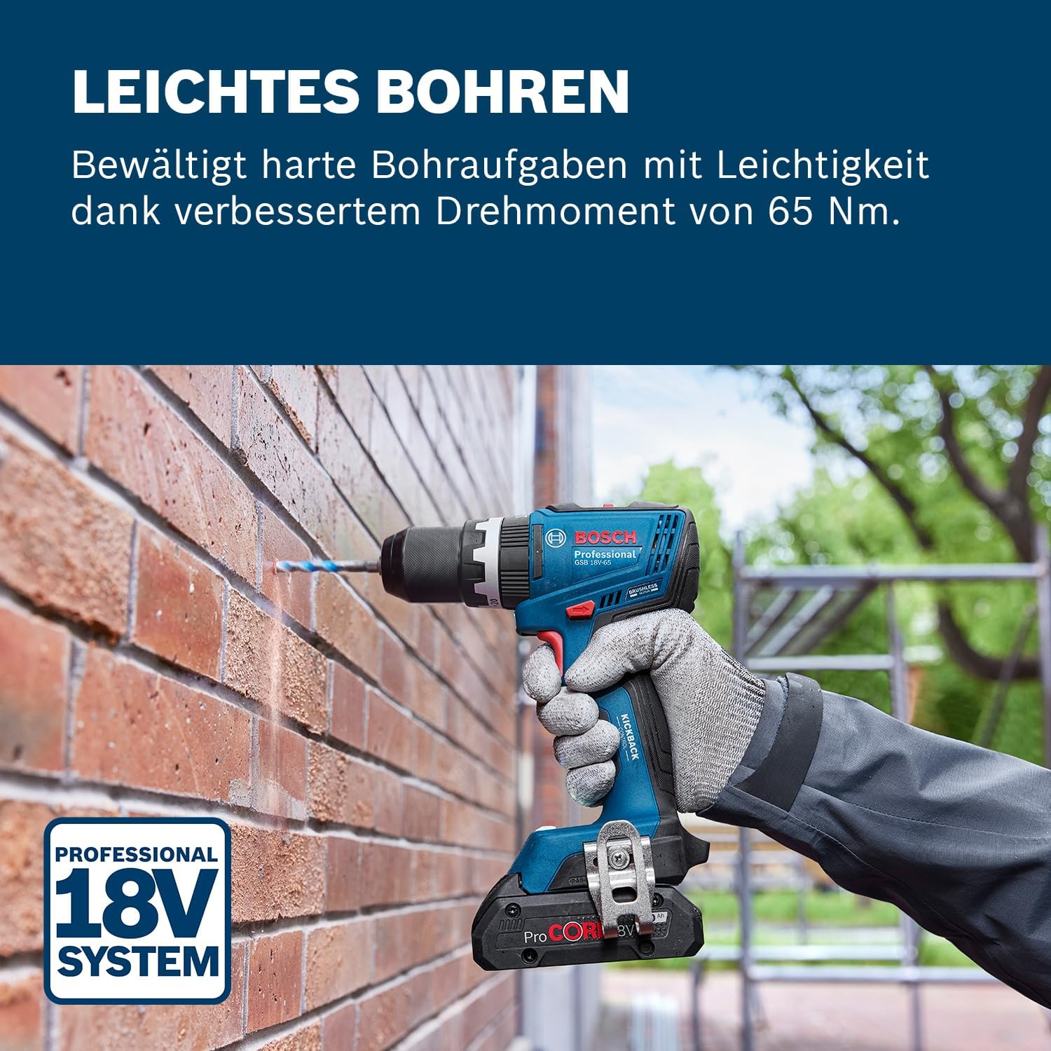 Bosch Professional 18V System Akku-Bohrschrauber GSB 18V-65 (bürstenloser Motor, Kopflänge 175, inkl 2x Akku GBA 18V 5.0Ah, Ladegerät GAL 18V-40, L-BOXX)
