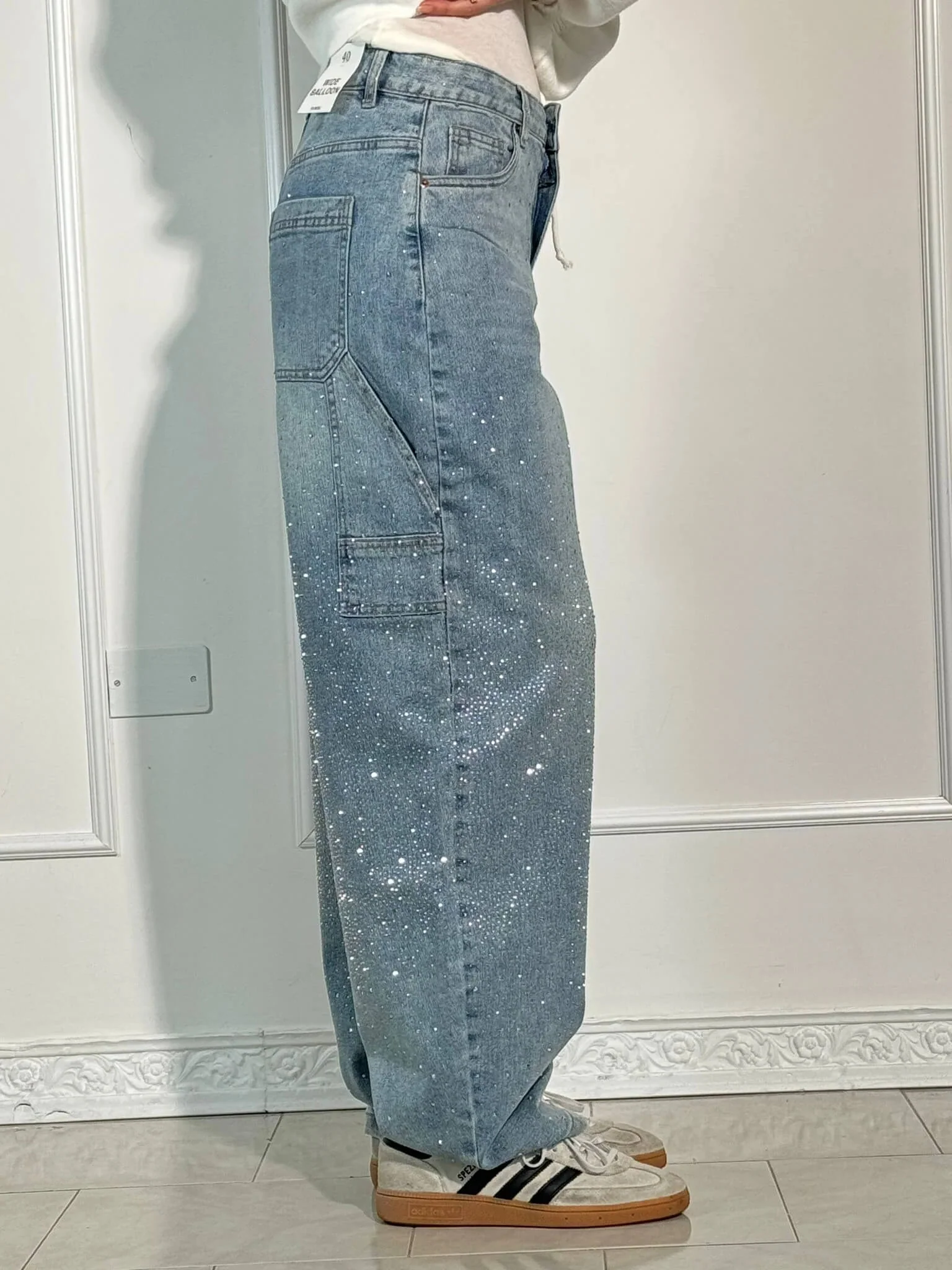 Damen Baggy Jeans mit Glitzer-Applikationen | Weite Wide Leg Denim Hose im Balloon-Schnitt | Bequeme Damenjeans aus Baumwolle