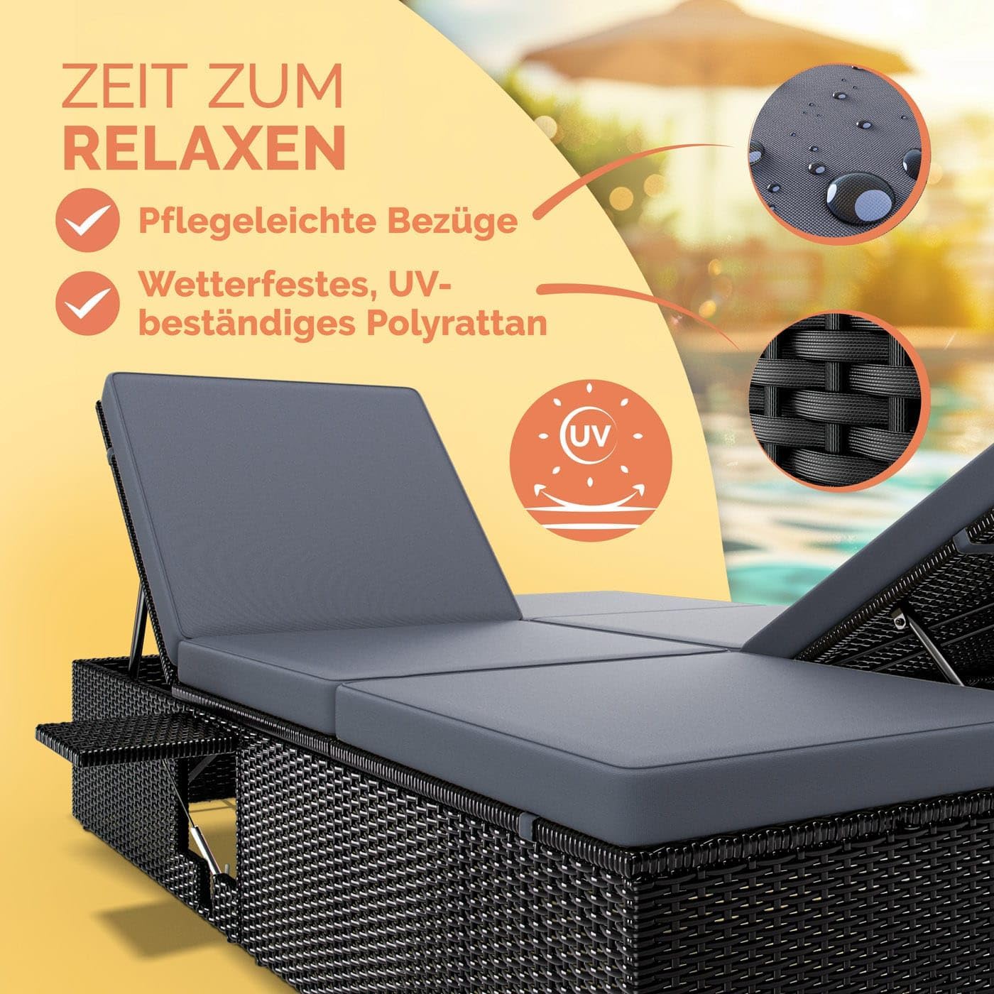 Casaria® Sonnenliege 2 Personen mit Klapptisch Gartenliege 7cm Auflagen Wetterfest 400kg Belastbar Liegestuhl Verstellbar Schwarz Anthrazit 200x115cm