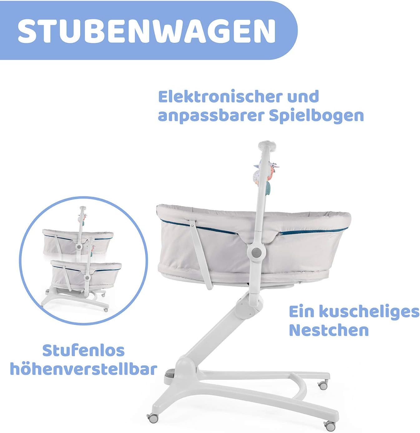 Chicco Baby Hug 4 in 1 Stubenwagen ab 0 Monate, Erhöhte Babyliege, Babybett, Hochstuhl mit Spielbogen, bis 15 kg, Verstellbare Rückenlehne, Verstellbare Höhe und 4 Räder