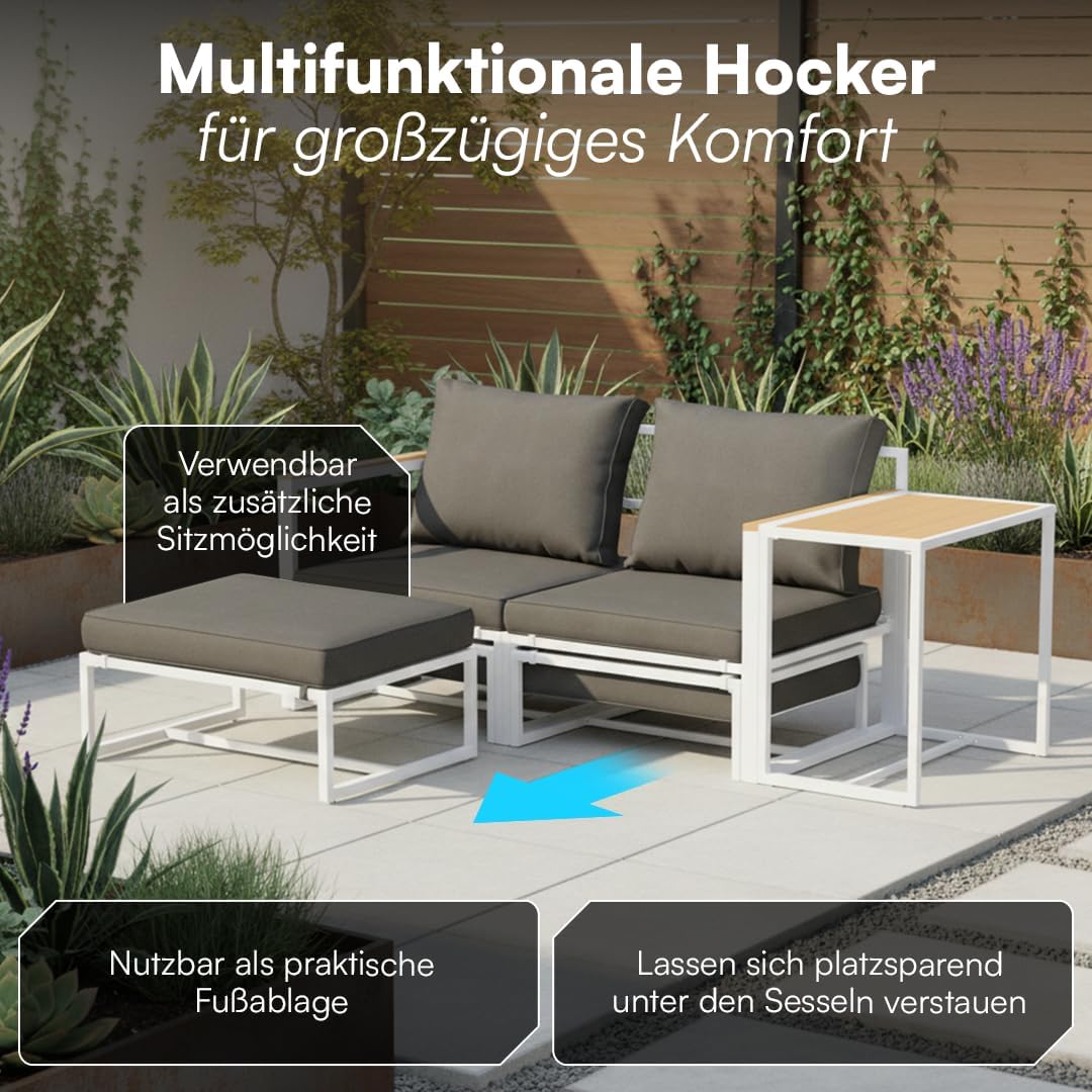 STEELSØN Gartenmöbel Set 5-TLG Asteri, Gartenlounge für 2-4 Personen, Balkonmöbel Set wetterfest inkl. 2 Sessel, 2 Hocker und 1 Tisch, Terrassenmöbel aus Metall mit Kissen Weiß