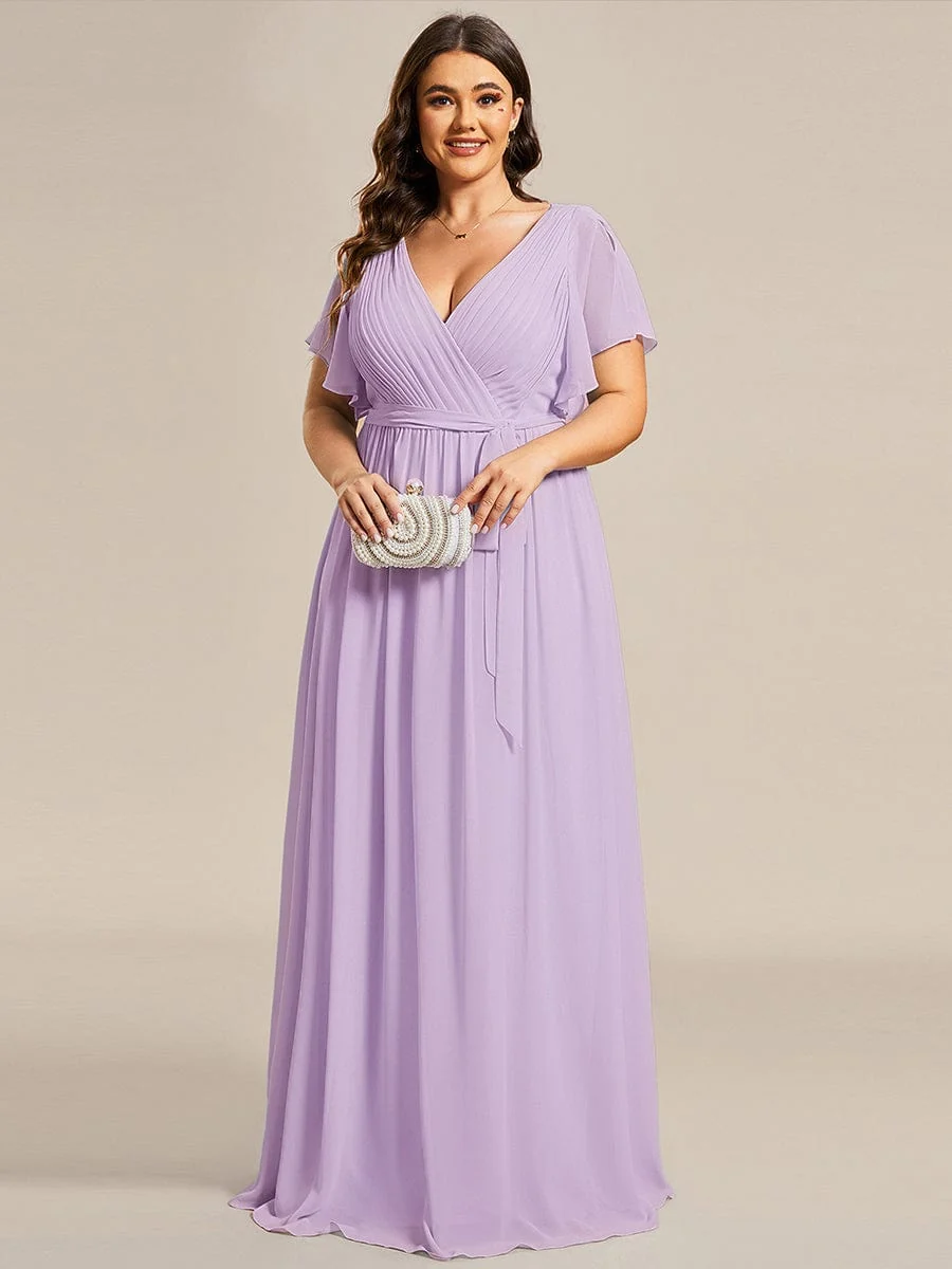 Abendkleid Damen Maxi A-Linie aus Chiffon | Festliches Kleid f��r Hochzeitsg?ste mit V-Ausschnitt und Fl��gel?rmeln