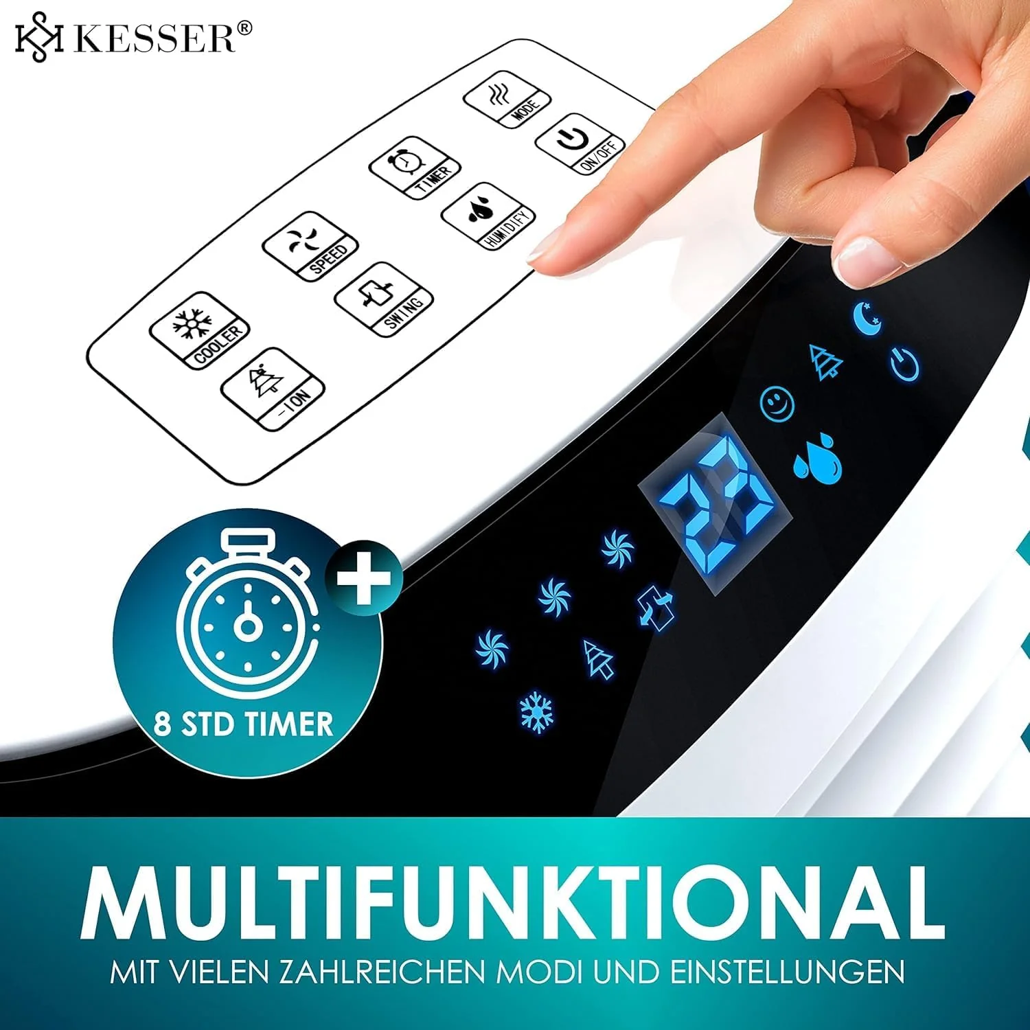 KESSER 4-in-1 Mobiele Airco | Afstandsbediening | Klimaatregelaar | Ventilator Airconditioning | Timer | 3 Niveaus | Ionisator Luchtbevochtiger | Luchtkoeler |