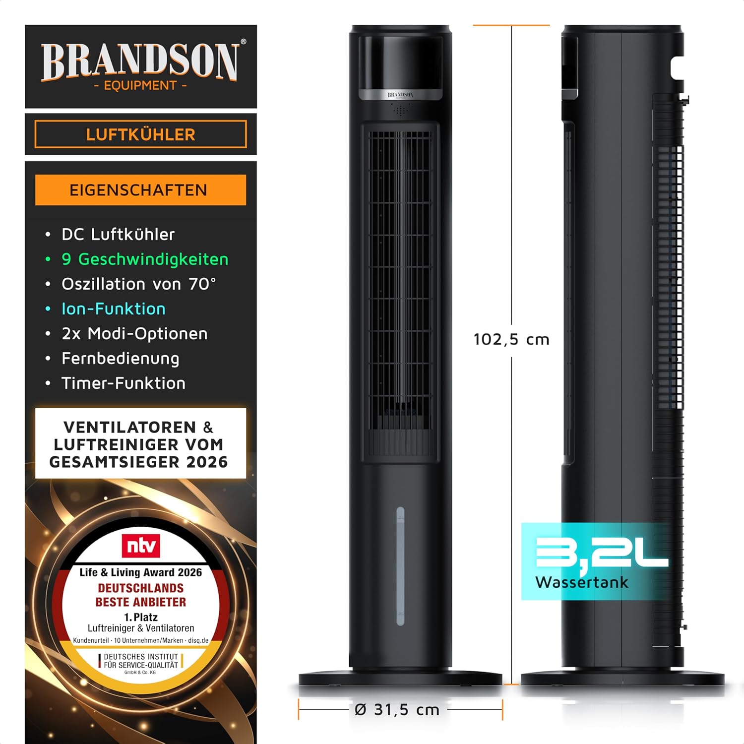 Brandson – mobiler Luftkühler mit Wasserkühlung im ECO Design - DC Motor sehr leise - 60% Energieeinsparung - Sieger Ventilatoren und Luftkühler 2026 - Turmventilator – Oszillation – Ion Funktion