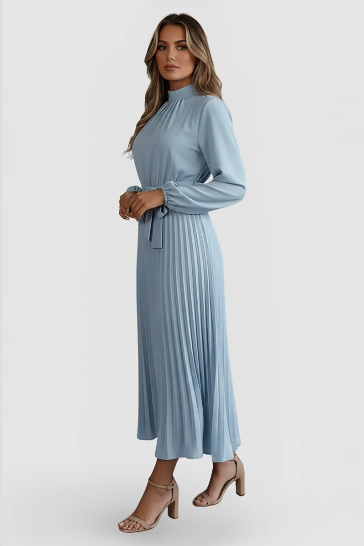 Plissee-Kleid f��r Damen mit Langarm und Bindeg��rtel | Elegantes Midikleid hochgeschlossen mit gerafftem Ausschnitt