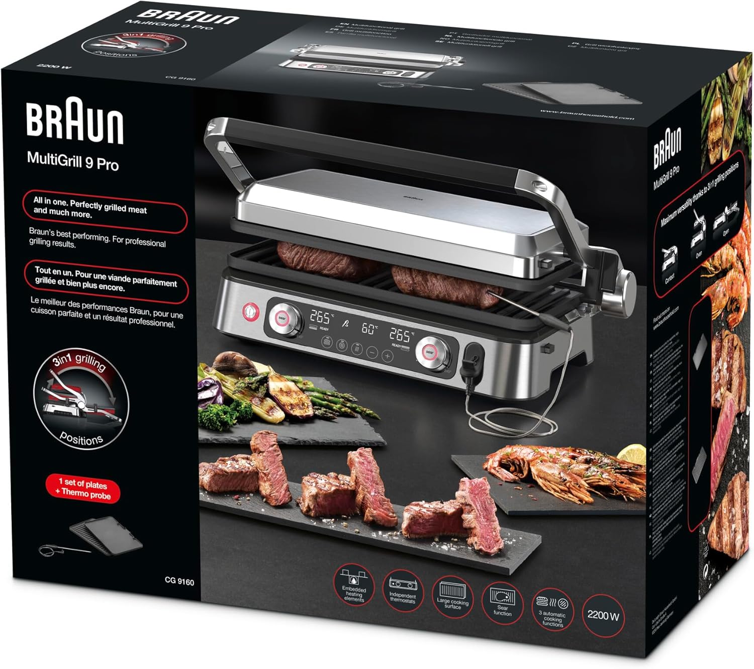 Braun MultiGrill 9 Pro CG 9160, Elektrogrill mit 2 unabhängigen Thermostaten, 3 Kochpositionen, spülmaschinenfeste Platten, integrierte Thermosonde, 2200 W, Schwarz/Edelstahl