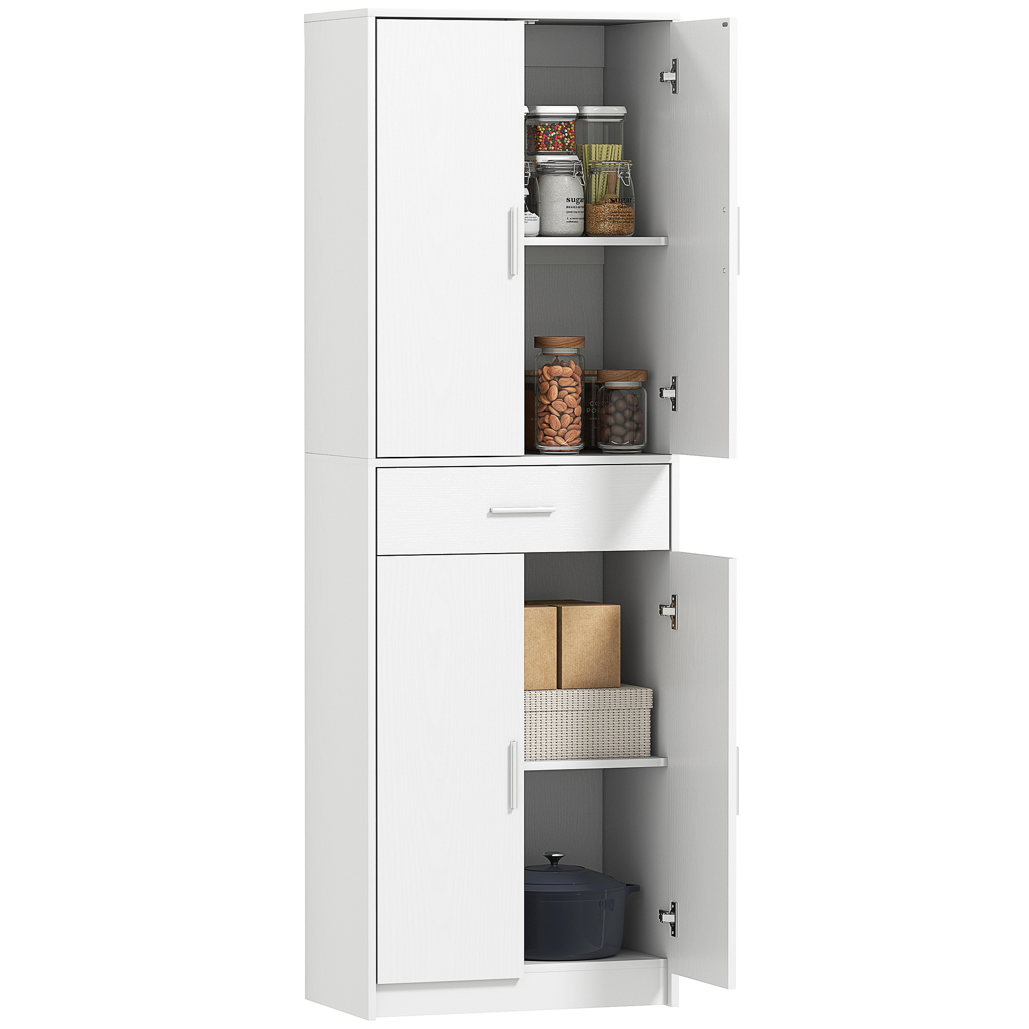 HOMCOM Keukenkast, 3-traps verstelbare planken, Spaanplaat, MDF, veel opbergruimte, Wit