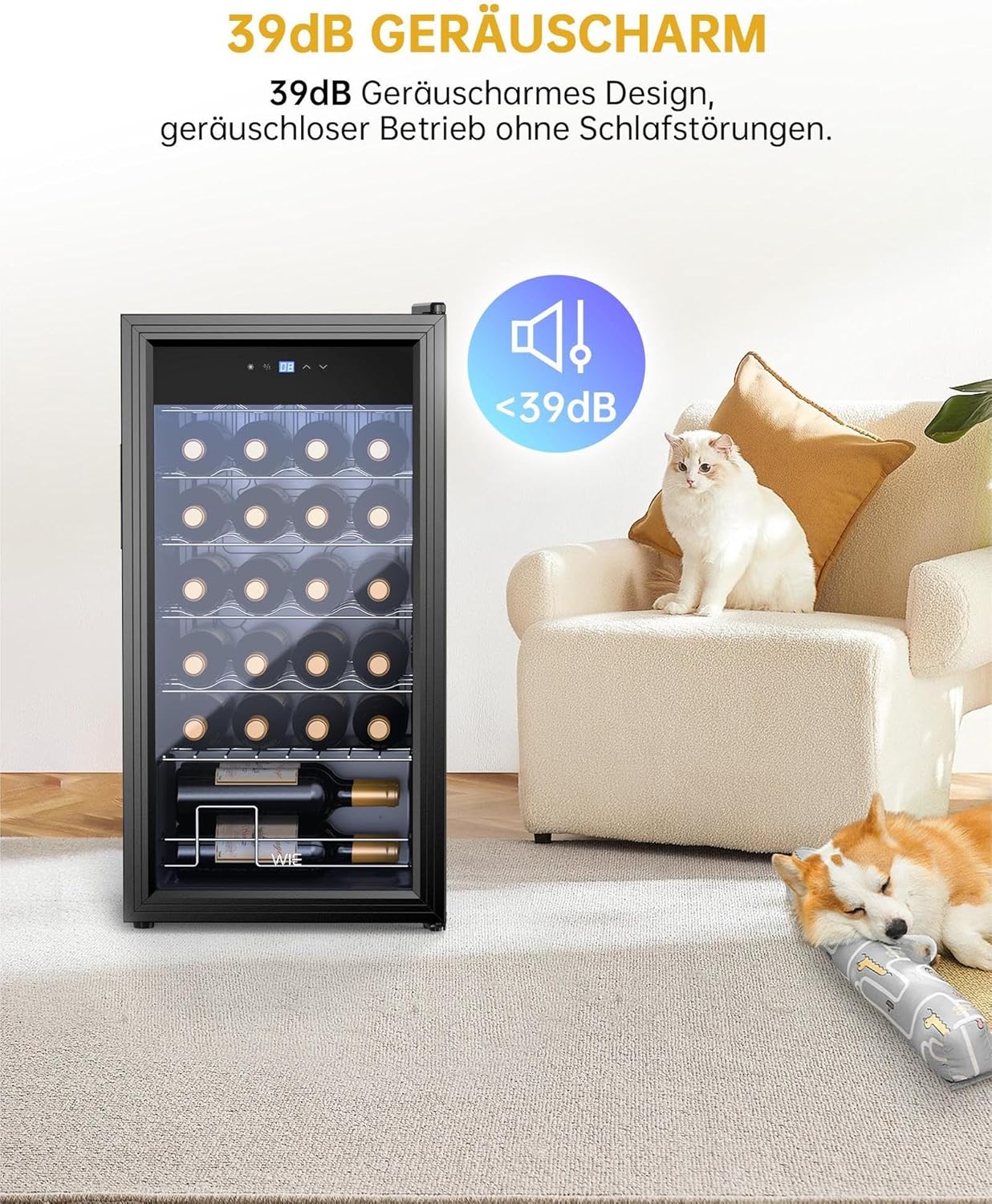 WIE Weinkühlschrank Compressor 82 Liter 28 Flaschen Getränkekühlschrank Kleiner Weinschrank Klein mit Glastür,Vollglas-Designtür mit LED Touchpanel,Anti-UV, Wine Fridge 5-18°C