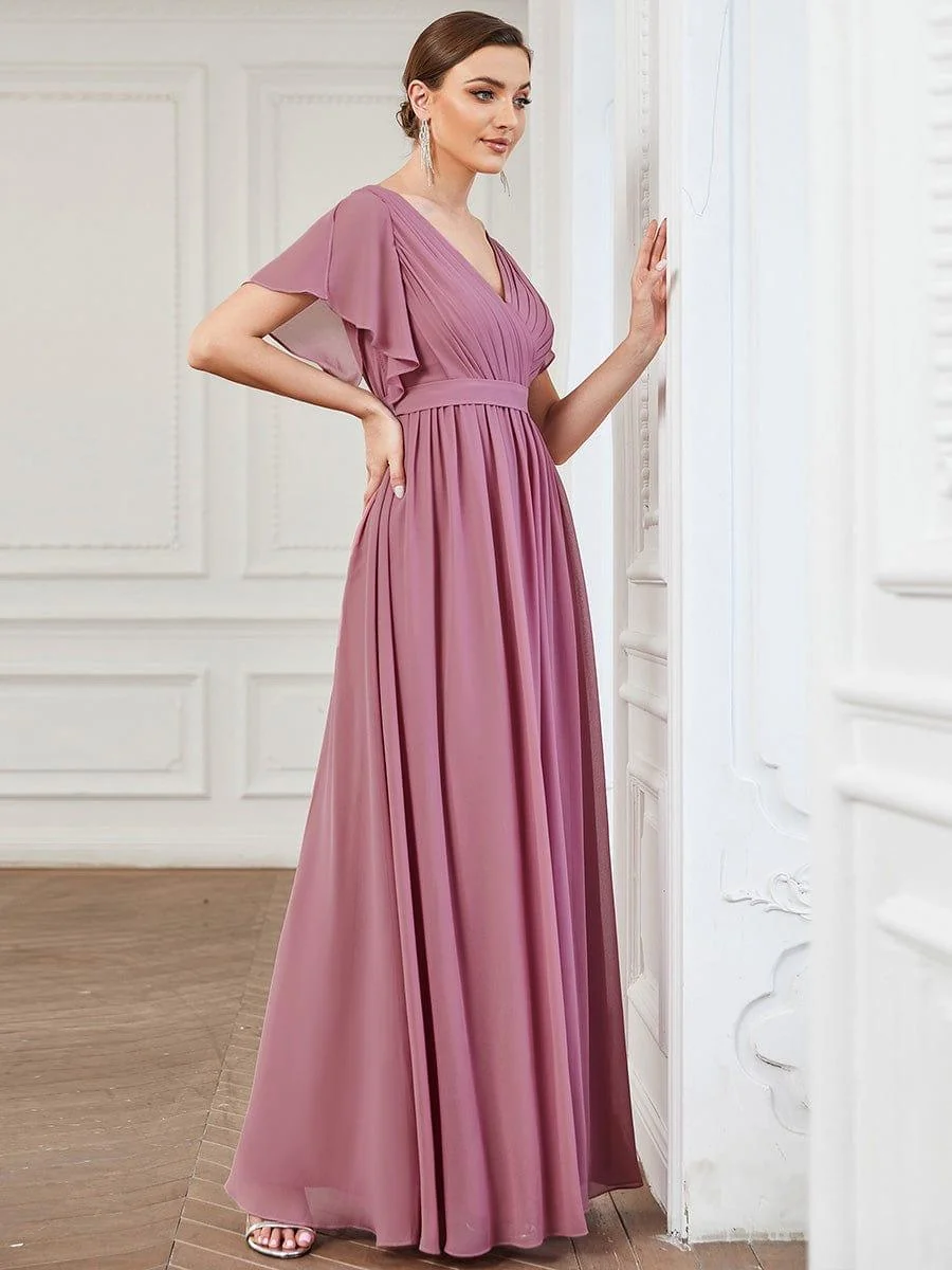 Abendkleid Damen Maxi A-Linie aus Chiffon | Festliches Kleid f��r Hochzeitsg?ste mit V-Ausschnitt und Fl��gel?rmeln