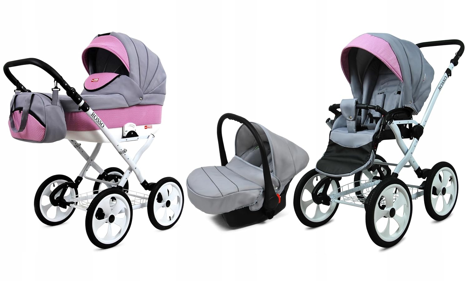 BabyLux® Bambimo Kinderwagen Set 2 in 1 - Rosso - incl. Babywanne, Buggy Sportsitz - Kinderwagenset - Kombikinderwagen mit Wickeltasche, Regenschutz, Moskitonetz, Cupholder usw.