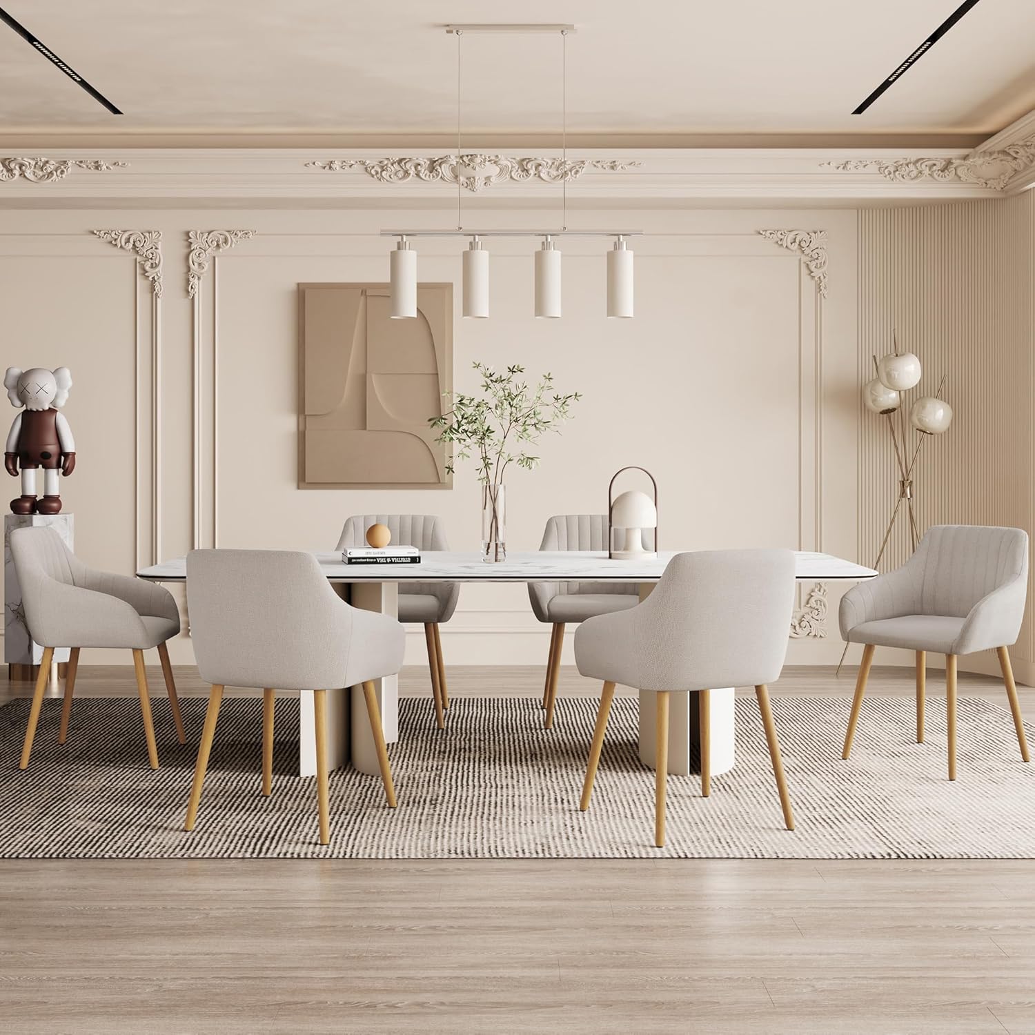 Armlehnenstuhl Esszimmerstuhl 4er Set Beige Holzbeine Polsterstuhl mit Armlehne Stühle Esszimmer Küchenstuhl Wohnzimmerstuhl aus Polyester