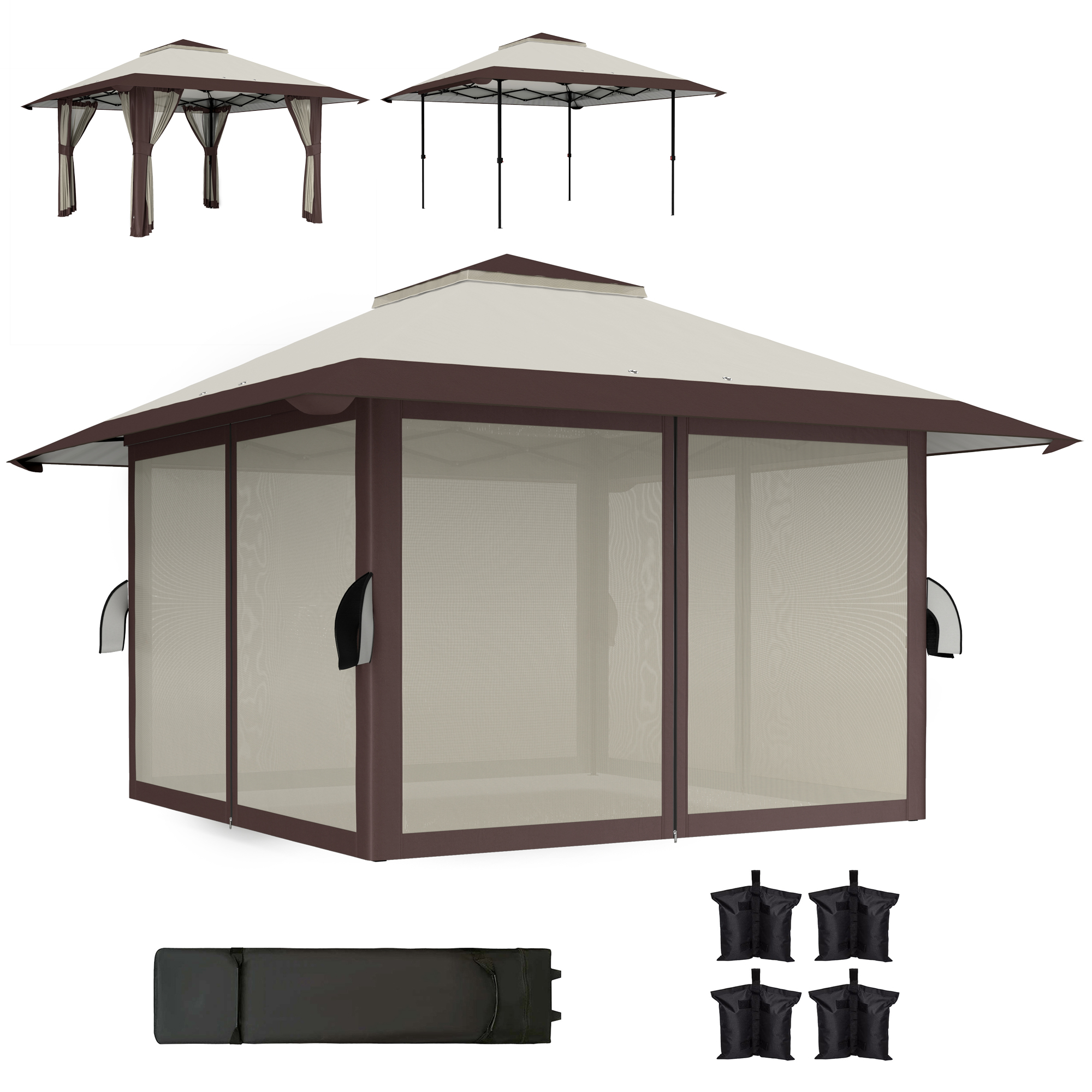 Outsunny 4 x 4 m Tuin Paviljoen, Tuinent met Netwanden, UPF50+ Bescherming, Hoogteverstelbare Partytent, Beige