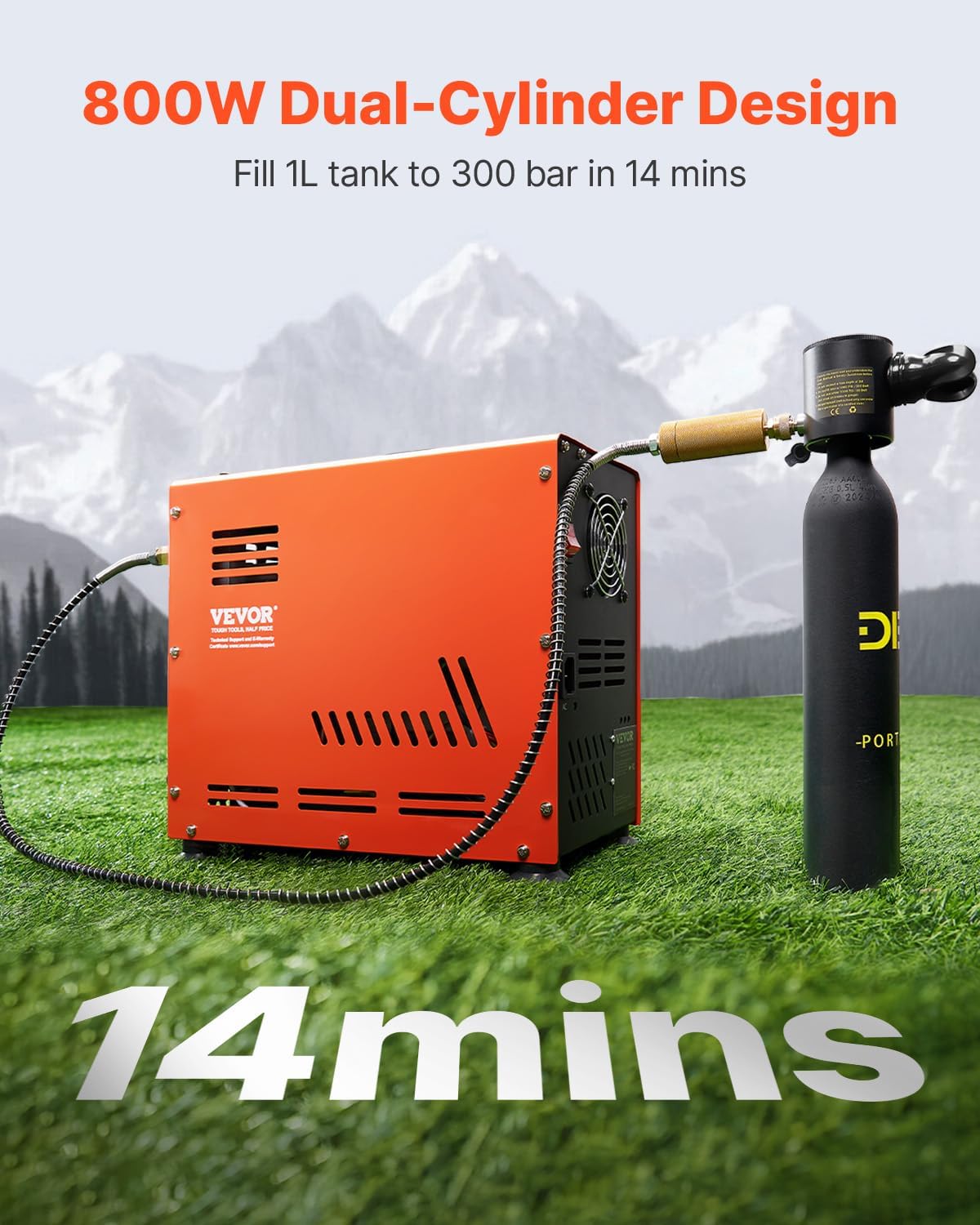 VEVOR PCP-Luftkompressor, 800 W Doppelzylinder-PCP-Luftgewehrkompressor 4500 PSI/30 MPa mit eingebautem Lüfterkühlsystem, Auto-Stopp Ölfreier Paintball-Tankkompressor für Luftgewehr, Tauchflasche