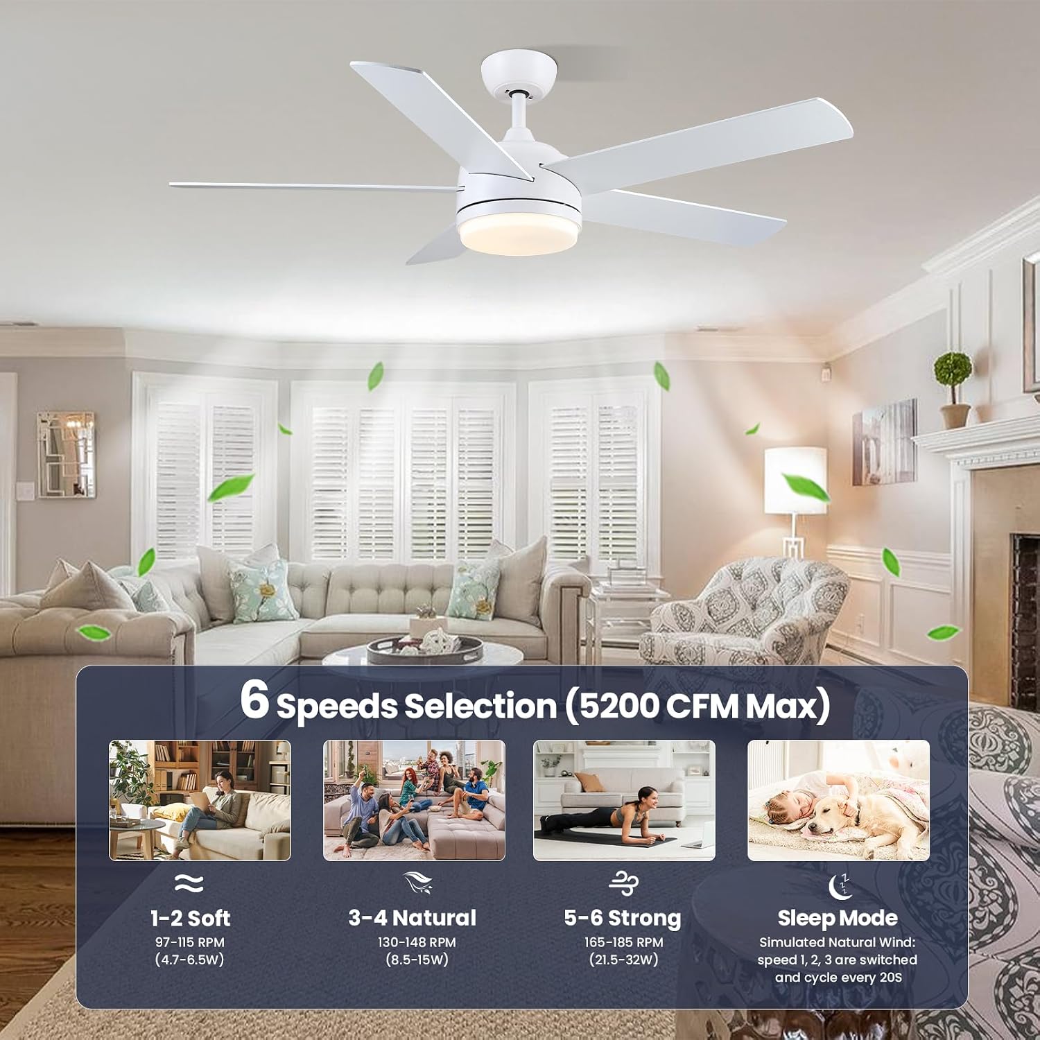 CJOY Zweifarbige Schaufeln Deckenventilator mit Lampe und Fernbedienung, 52 Zoll Deckenleuchte mit Ventilator Leise, 6 Geschwindigkeiten Umschaltung, 3CCT Dimmbar, Timer, Schlafmodus Für Schlafzimmer