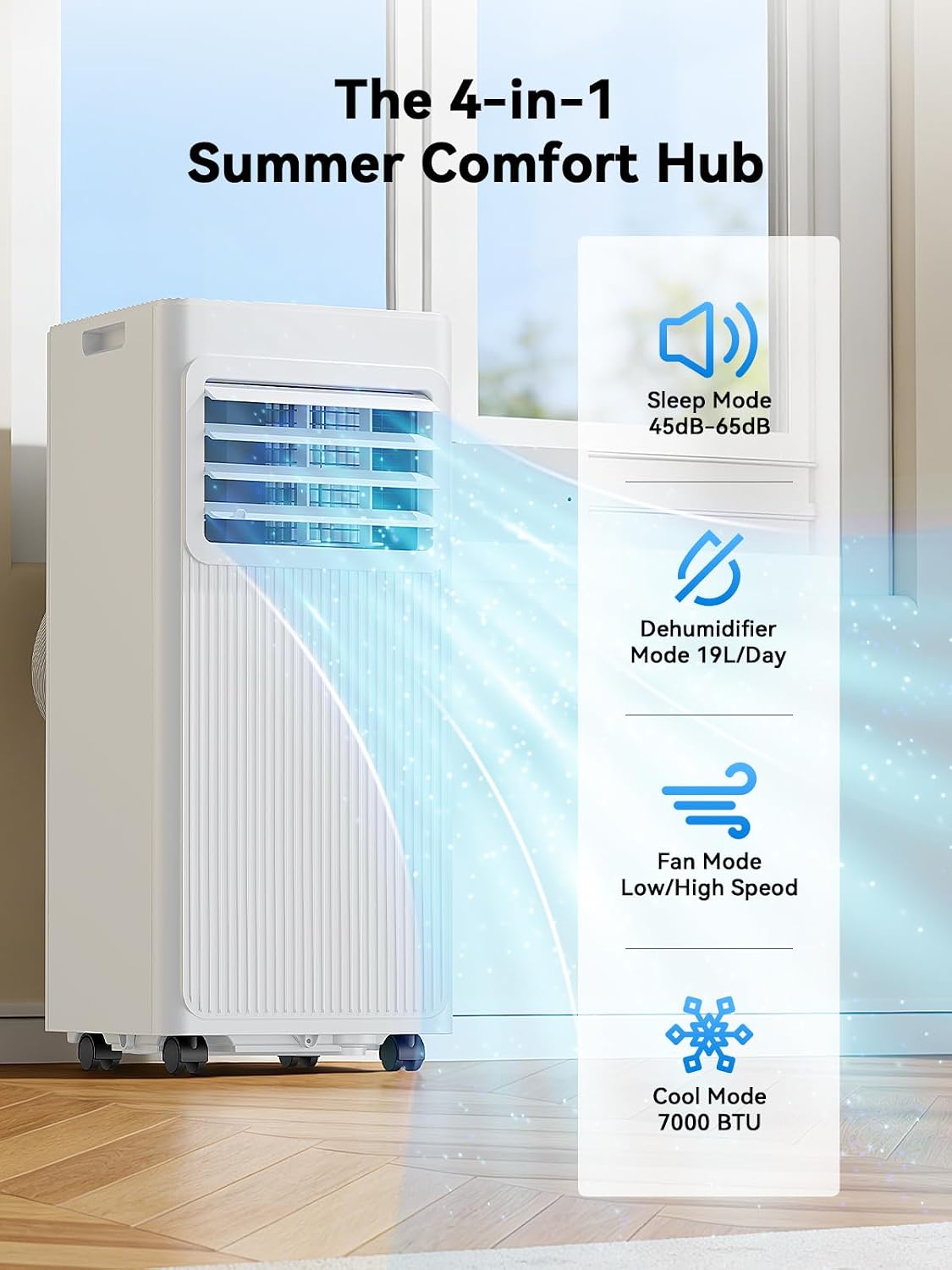 Mobiles Klimagerät 7000 BTU, 4-in-1 Mobile Klimaanlage mit Abluftschlauch & 4m Fensterabdichtung, Ohne Bohren (für Kipp- & Dachfenster), Kühlen & Entfeuchten für Räume bis 25m², Alpinweiß