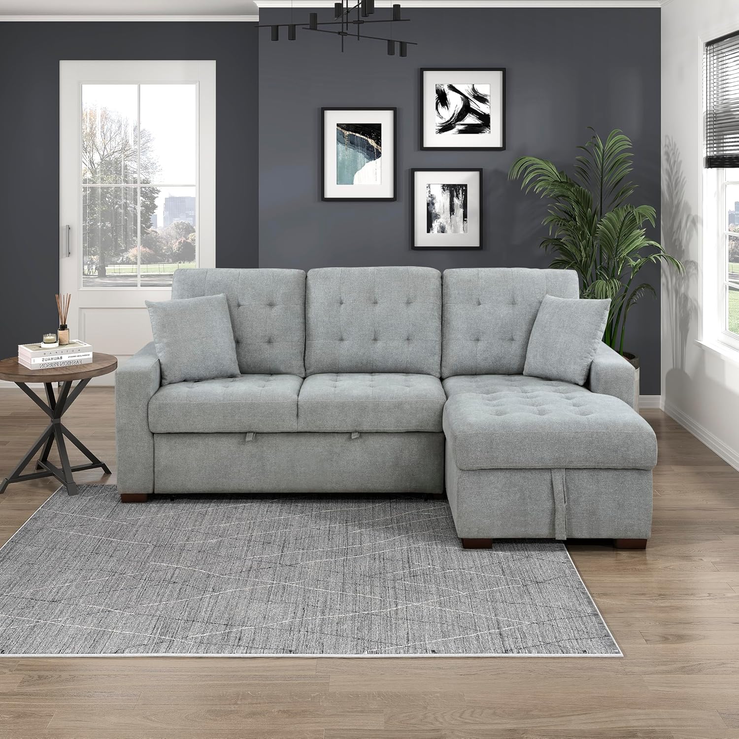Sleeper Sofa, L Shape Sectional Couch with Right Storage Chaise and Pull Out Sofa Bed, Grey