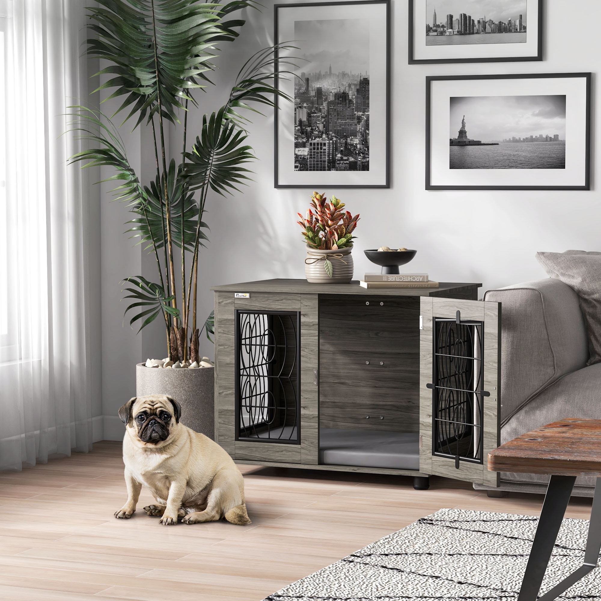 Hondenkooi met Ligkussen, tot 20kg/50cm Lichaamslengte, Metaal, 80x56x63cm, Grijs/Houtdecor