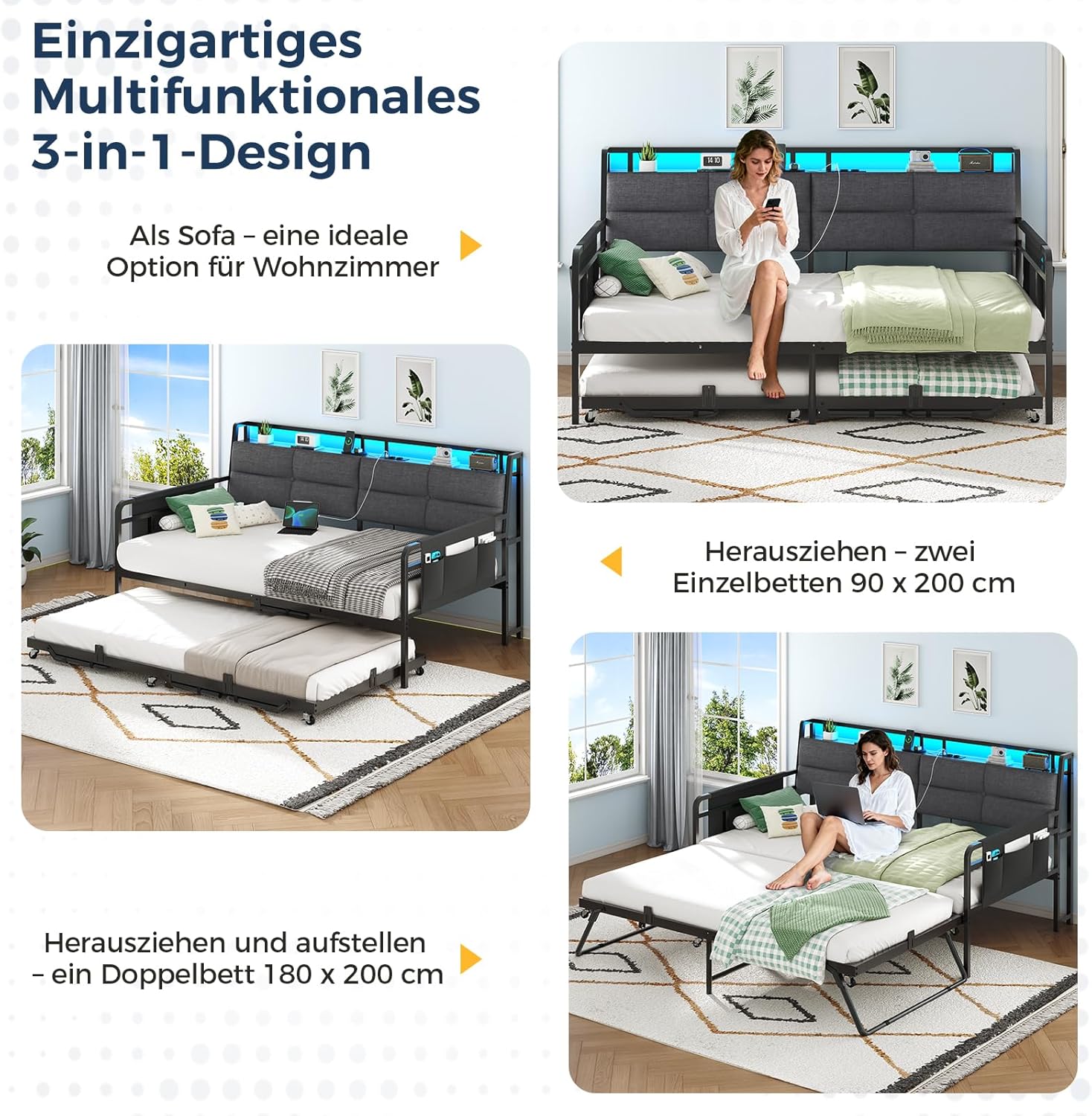Brinlawb Schlafsofa mit Ausziehbett, Tagesbett 90x200(180x200) cm, Tagesbett Ausziehbar mit LED Beleuchtung und Ladestation (2 AC-Steckdosen, 2 USB-Anschlüsse) Einzelbett und Doppelbett, Gästebett