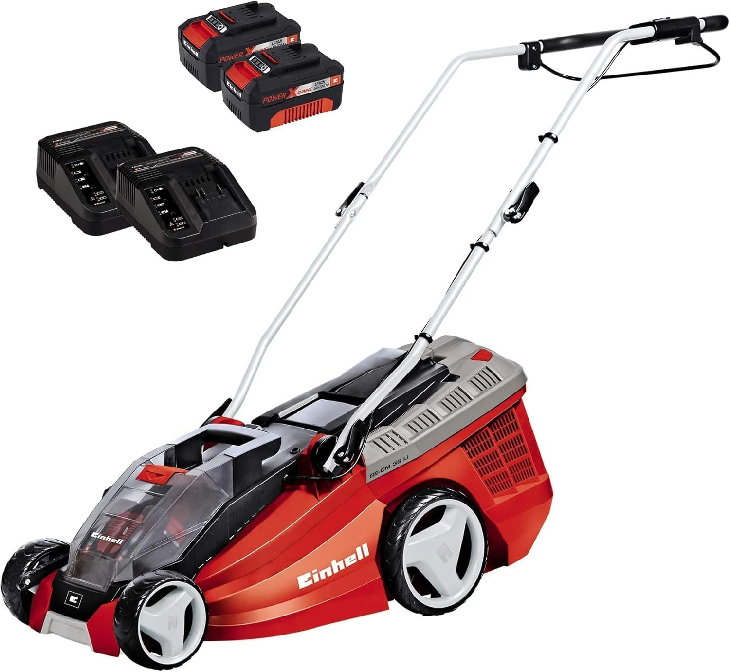 Einhell Accu-grasmaaier GE-CM 36 Li Kit Power X-Change (36 V, 36 cm snijbreedte, tot 350 m2, Borstelloos, 40L opvangzak, 25-75 mm maaihoogte, incl. 2x 3,0 Ah-accu en 2x oplader)