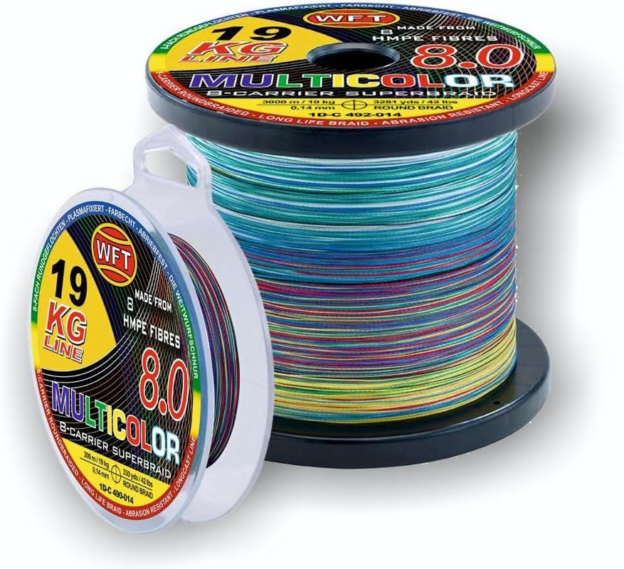 WFT KG 8.0 Multicolor Geflochtene Angelschnur, 8-Fach Geflecht, 3000m Länge, 0,14mm-0,26mm, Farbwechsel alle 10m, für Süß- und Salzwasser, 19kg-34kg Tragkraft