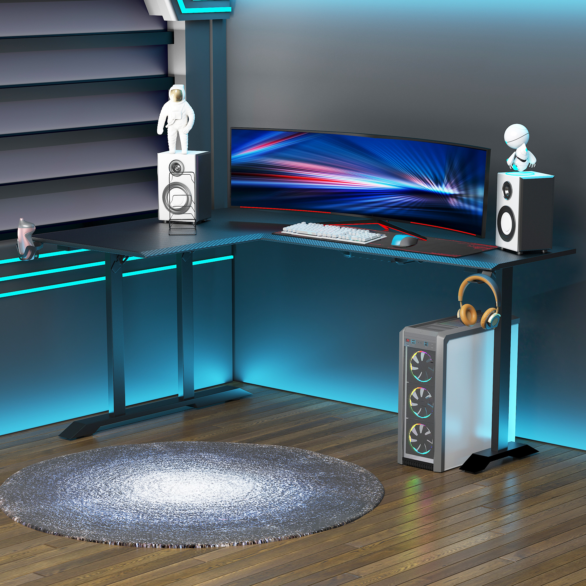 gaming-tafel bureau L-vormig met koptelefoonhaak bekerhouder computertafel metaal MDF zwart + rood 168 x 109 x 78 cm