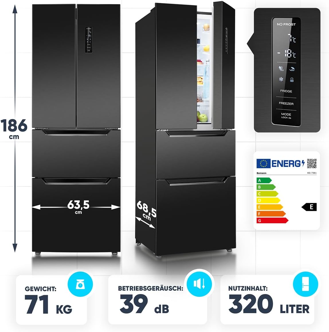 Bomann® Kühlschrank mit Gefrierfach | No-Frost Gefrierteil | 186cm Kühlschrank | 39dB | Kühl Gefrierkombination mit MultiAirflow | 320L | Kühl Gefrierkombination No-Frost | KG 7361 schwarz-inox
