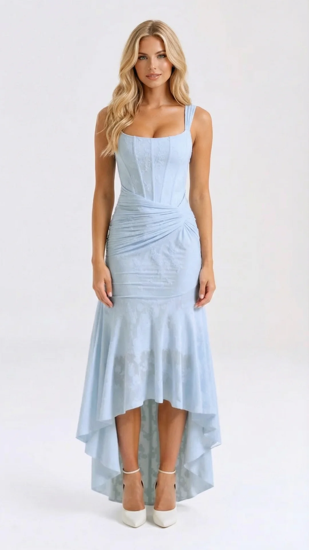 Korsett Kleid Midi f��r Damen | Elegantes Kleid f��r Hochzeitsg?ste mit Vokuhila-Saum und Raffung | Festliches Cocktailkleid
