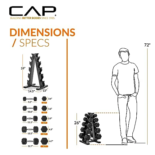 CAP Barbell 150 LB Coated Hex Dumbbell Weight Set with Vertical Rack, Black