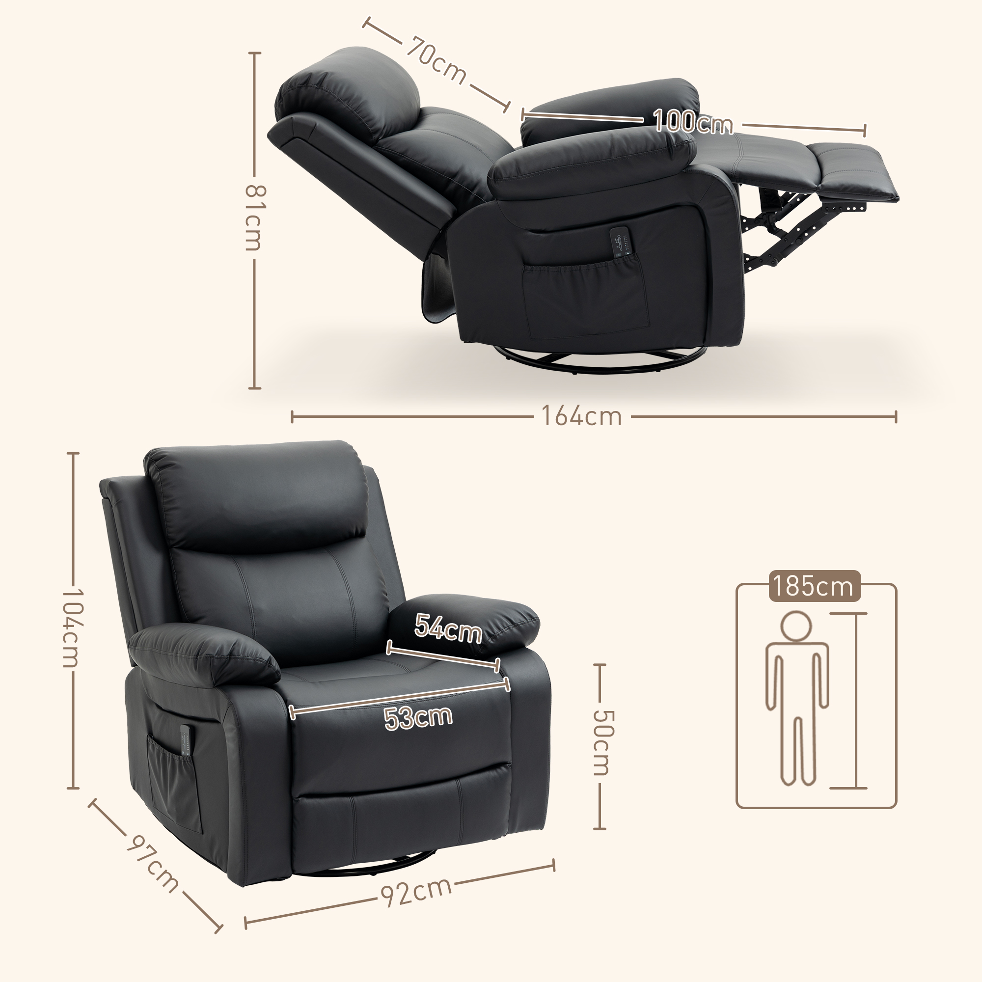 Massagestoel met 8 trillingskoppen, relaxfauteuil, verstelbare rugleuning en voetsteun, zwart