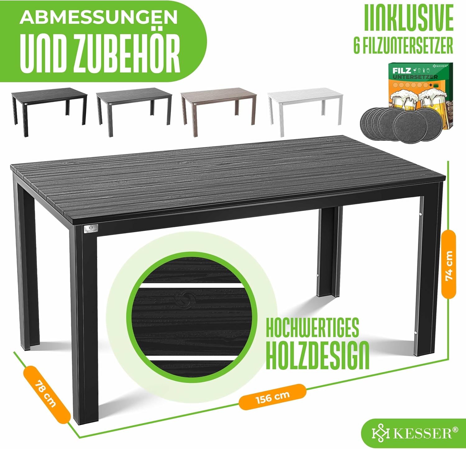 KESSER® Gartentisch 156x78cm für bis 6 Personen Esstisch Wetterfest & UV-Beständig | Outdoor Tisch mit pulverbeschichteter Stahl-Gestell & Kunststoff Tischplatte in Holz-Optik inkl. 6 Filz-Untersetzer