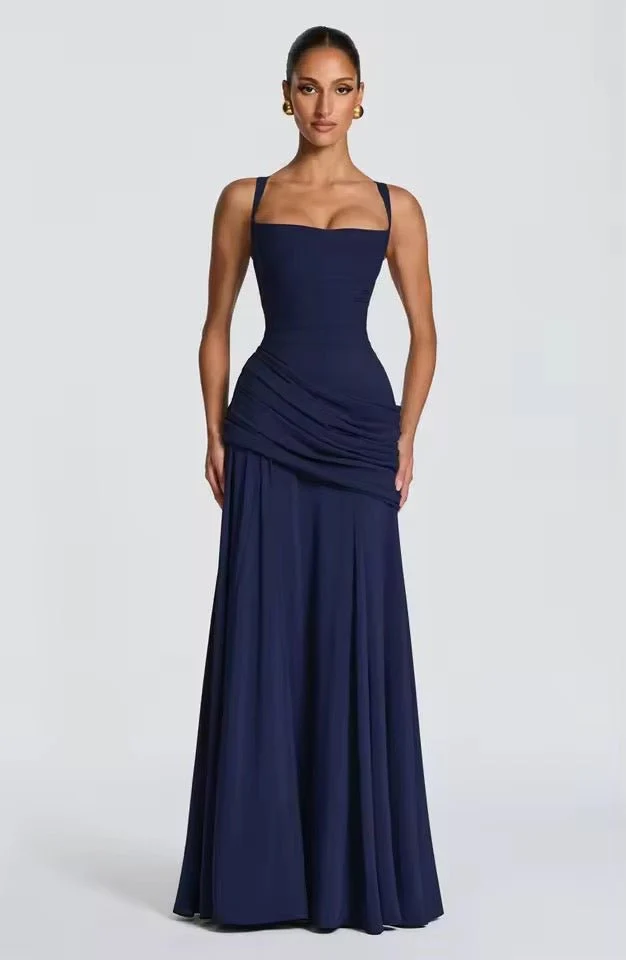 Maxikleid Damen f��r Hochzeitsg?ste | Elegantes Viskose Kleid mit Raffung und Herzausschnitt | Bodenlanges Abendkleid
