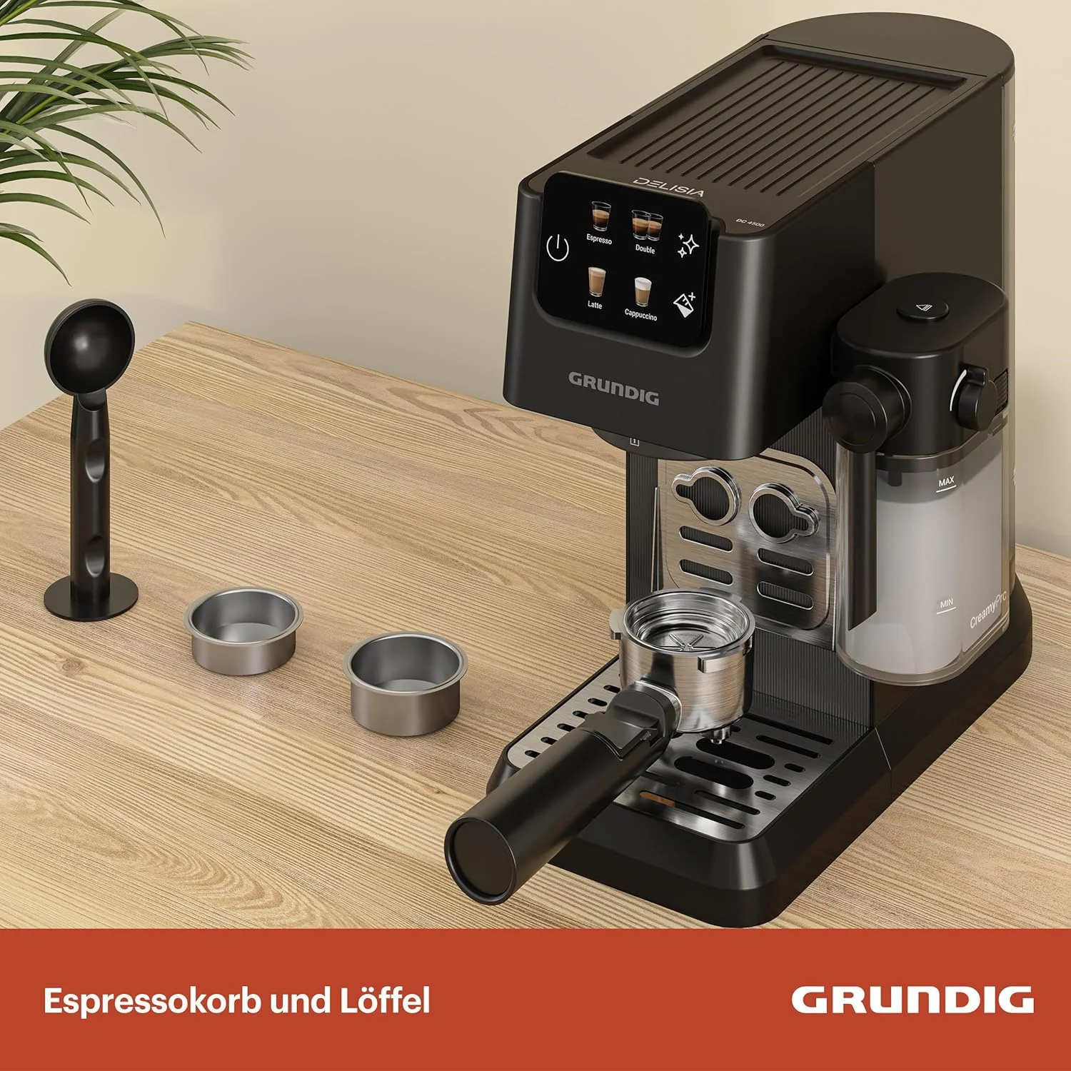 GRUNDIG KSM 5330 Espressomachine met ge?ntegreerd melkreservoir, 1628 W vermogen, 15 bar pompdruk, dubbele tuit, kleuren-touchscreen, BrewSense, CreamyPro, donker inox/zwart